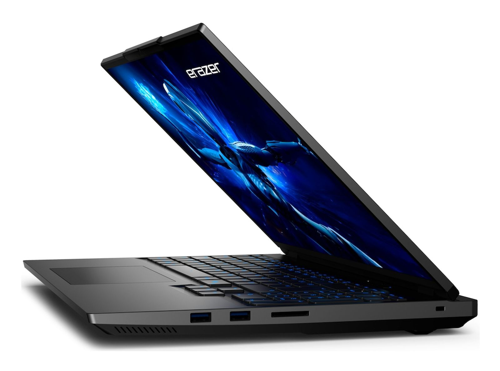 Ein schwarzer Laptop mit geöffnetem Bildschirm, der eine blaue Grafik zeigt. Die Tastatur ist sichtbar. Die Marke ist 'eRazer'.