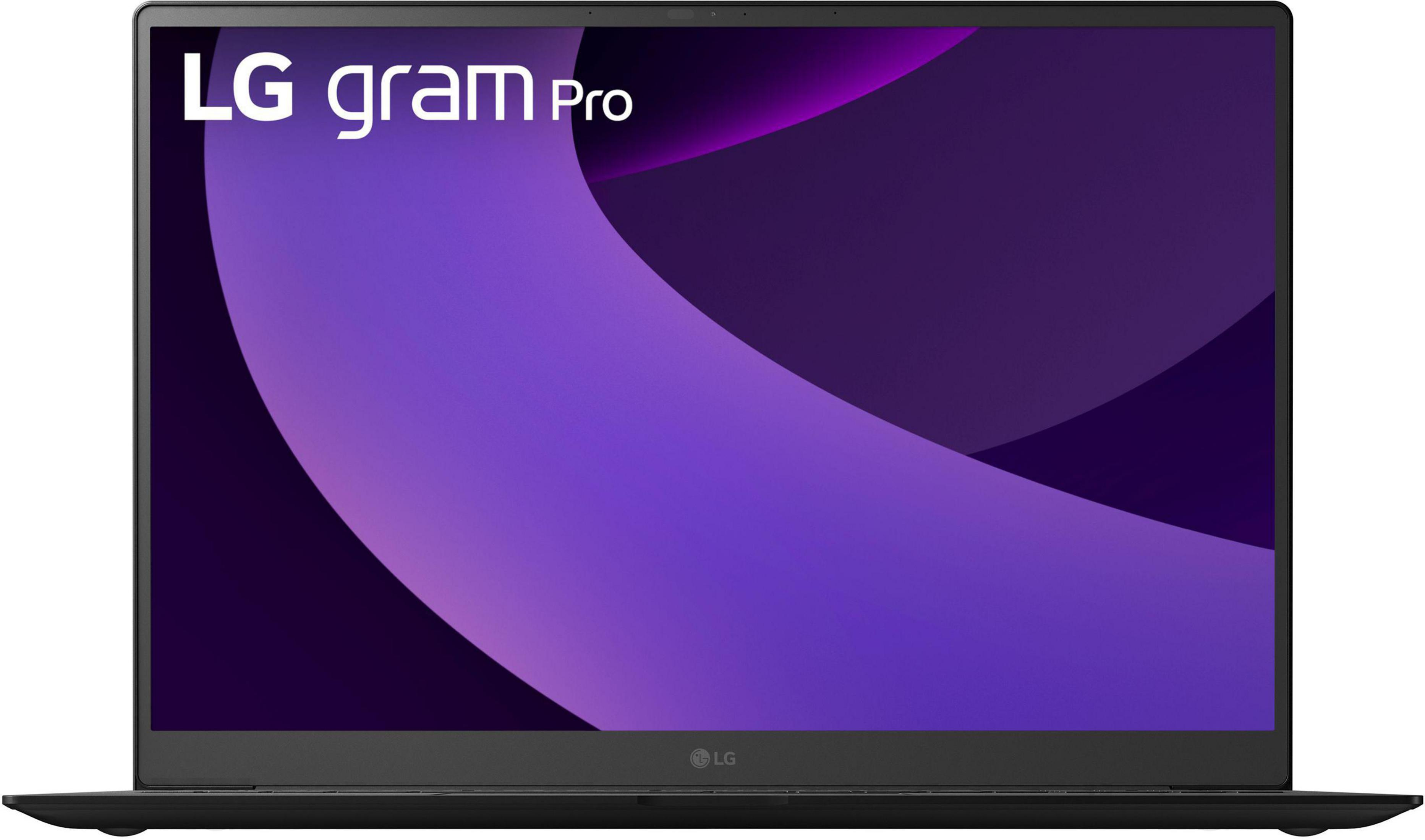 LG gram Pro Laptop. Der Bildschirm zeigt Lilatöne. Tastatur und Rahmen sind schwarz. Das LG-Logo erscheint unten.