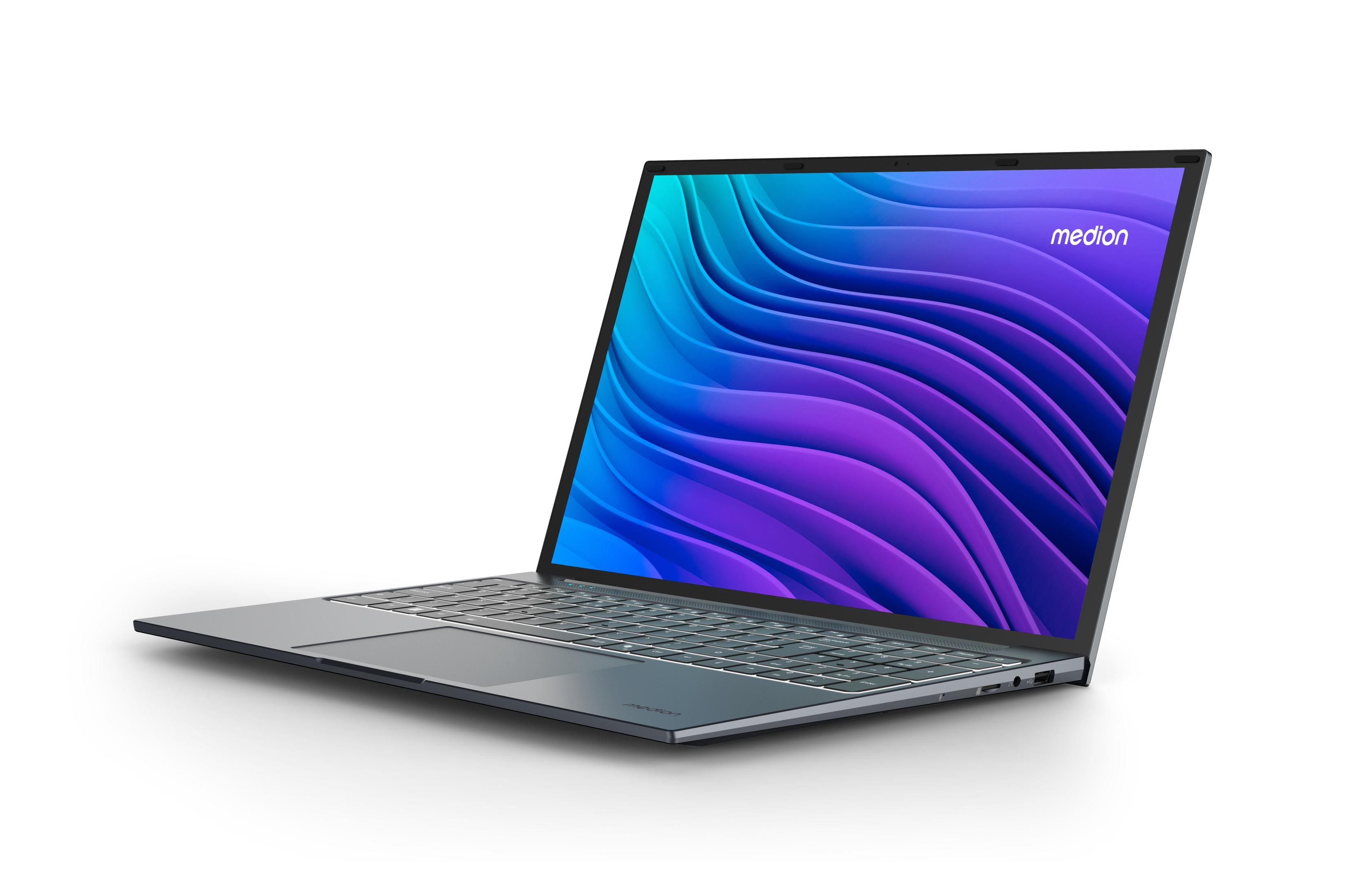 Ein silberner Laptop wird in einem Winkel angezeigt, mit einem Bildschirm, der ein blaues und violettes Wellendesign zeigt. Die Marke ist 'medion'.