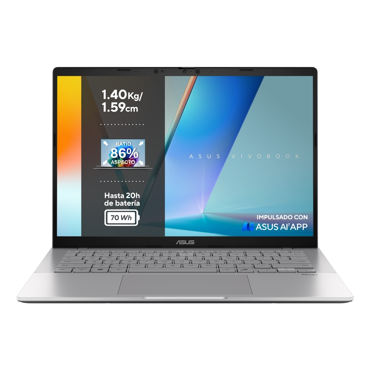 Portátil ASUS Vivobook plateado. Pantalla muestra especificaciones: 1,40 kg, 1,59 cm, 86% proporción, hasta 20h batería y 70Wh. App IA.
