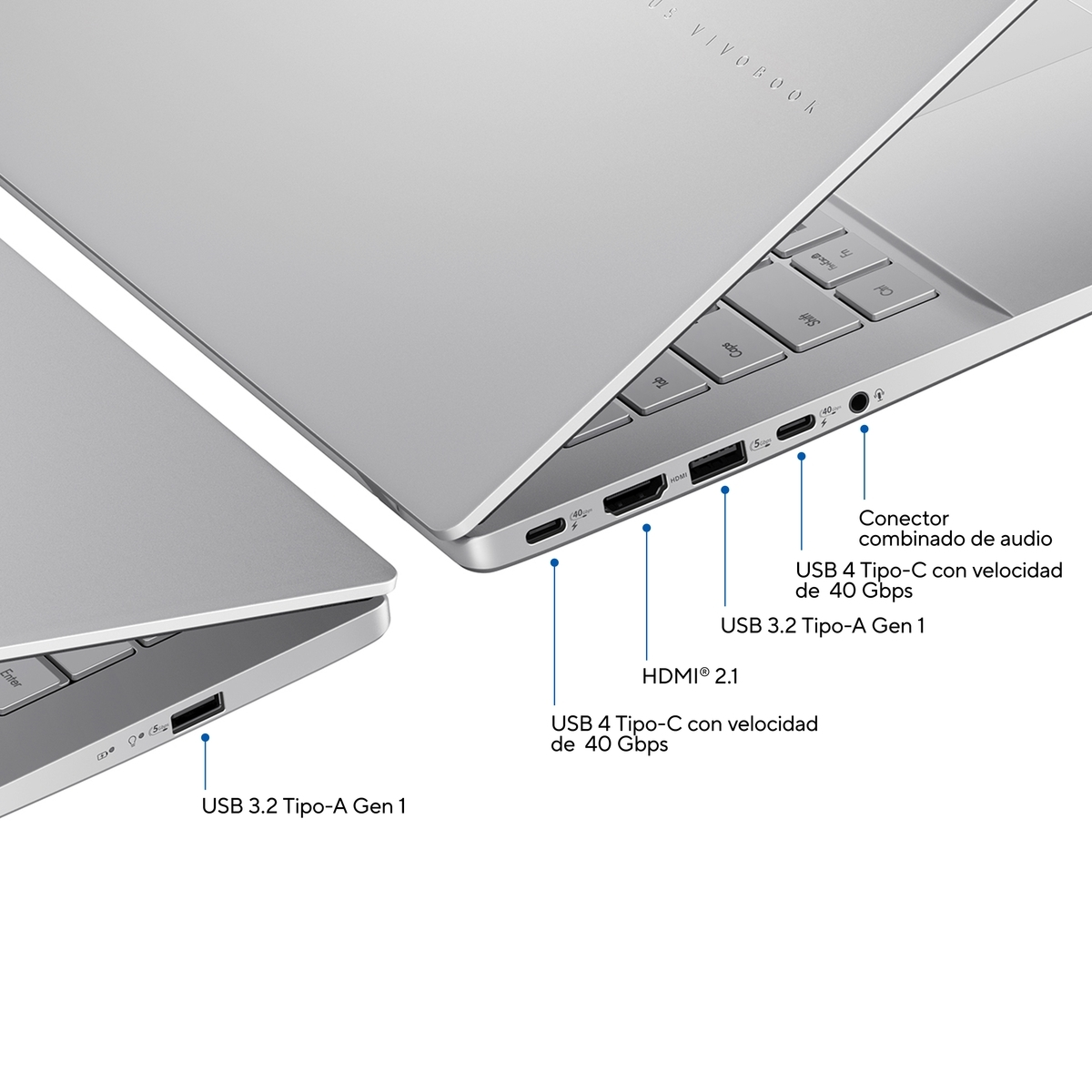 Portátil plateado con etiquetas que indican puertos: USB, HDMI, combo de audio. Vista lateral del portátil con puertos etiquetados.