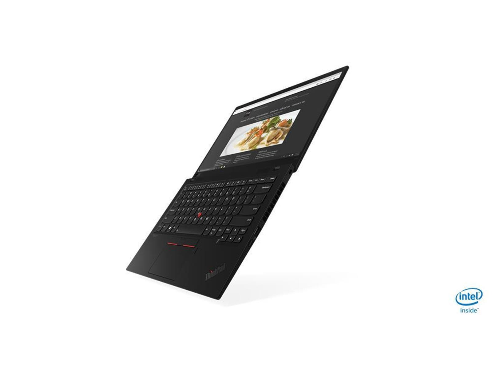 Schwarzer Laptop mit geöffnetem Bildschirm. Der Bildschirm zeigt eine Website mit einem Essensbild. Tastatur und Touchpad sind sichtbar.