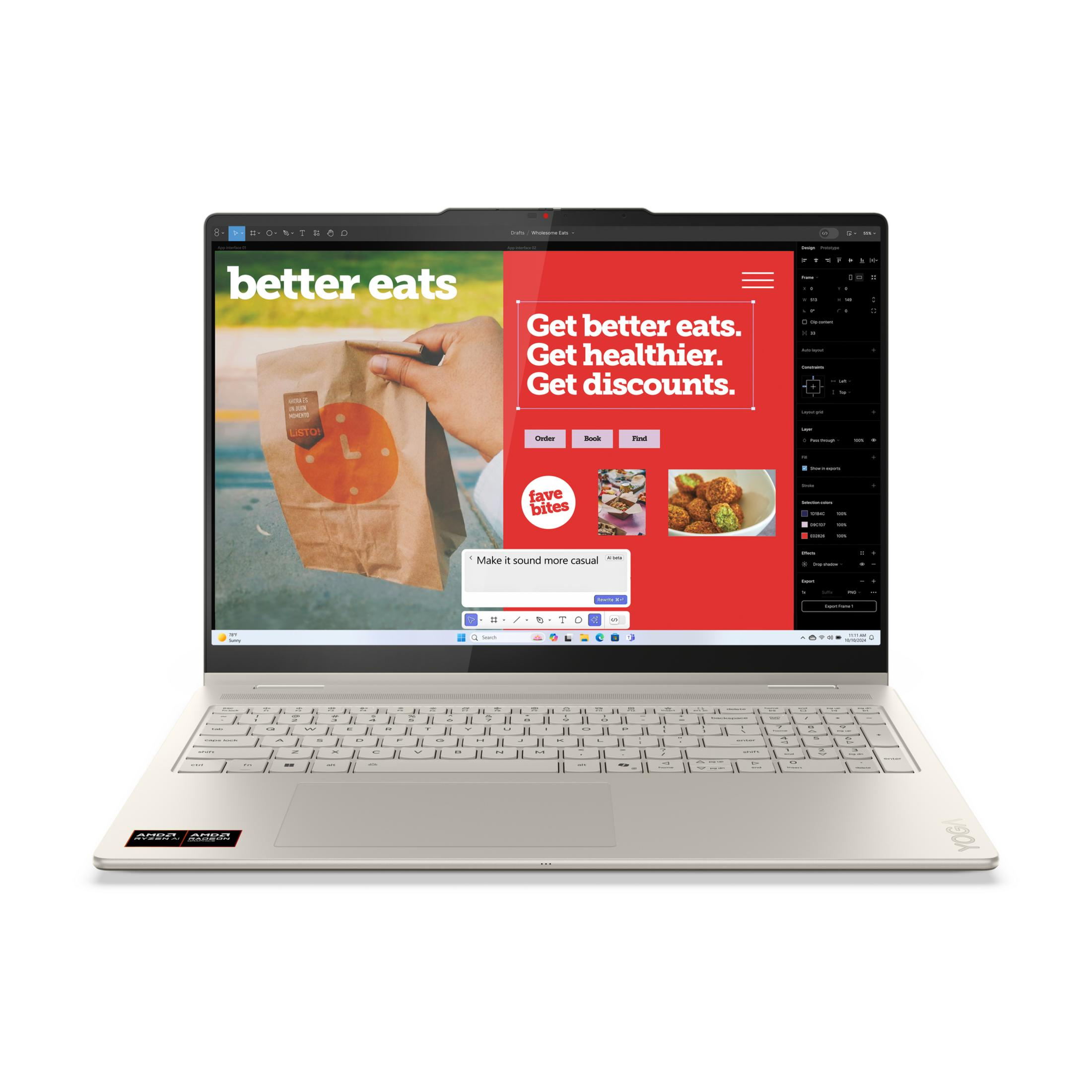 Laptop, der eine Essenswebsite zeigt. Der Bildschirm zeigt Text und Bilder, darunter eine Tastatur. Eine Hand hält eine Lebensmitteltüte.