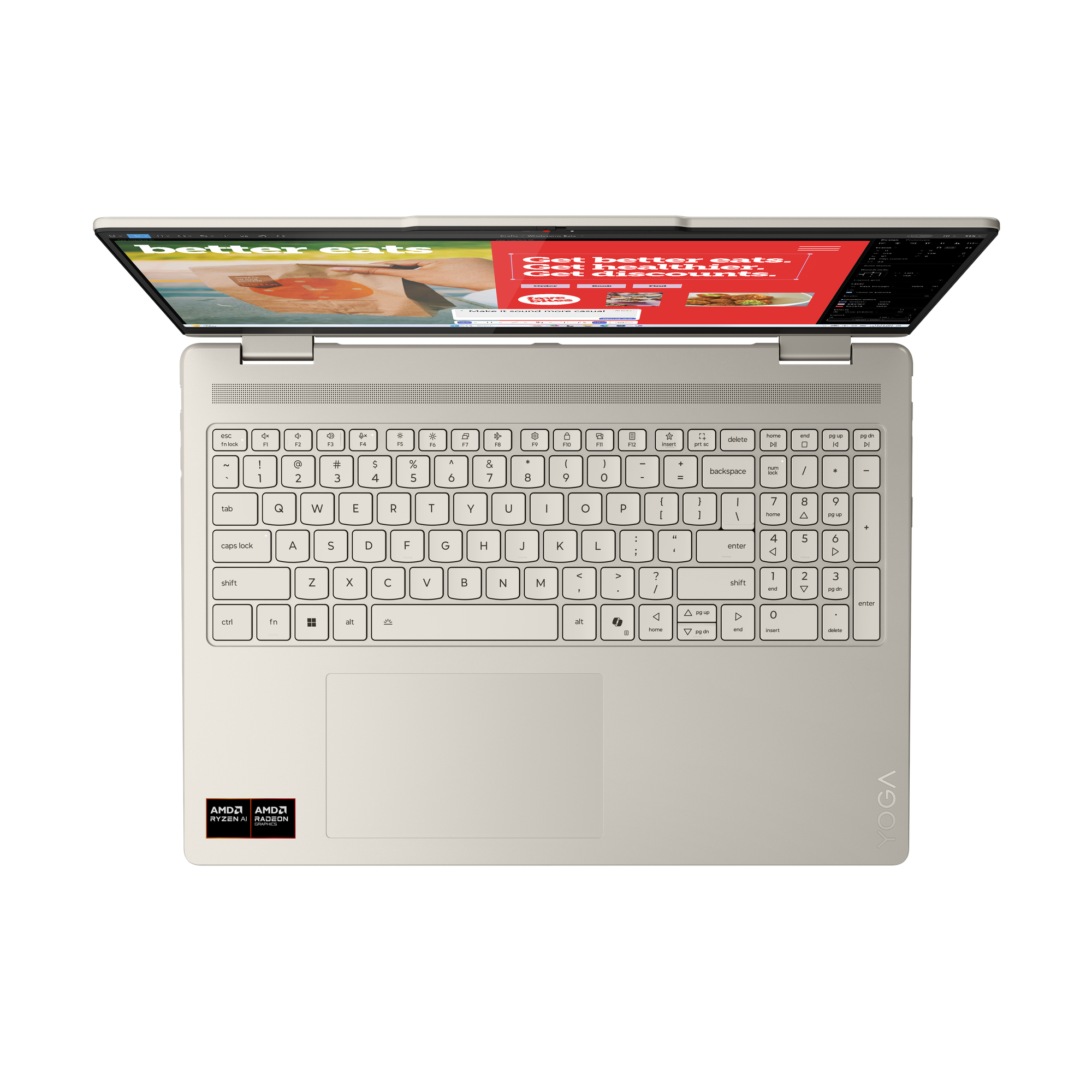 Beiger Laptop, geöffnet, zeigt eine Website. Tastatur sichtbar. AMD Ryzen und Radeon Logos links.