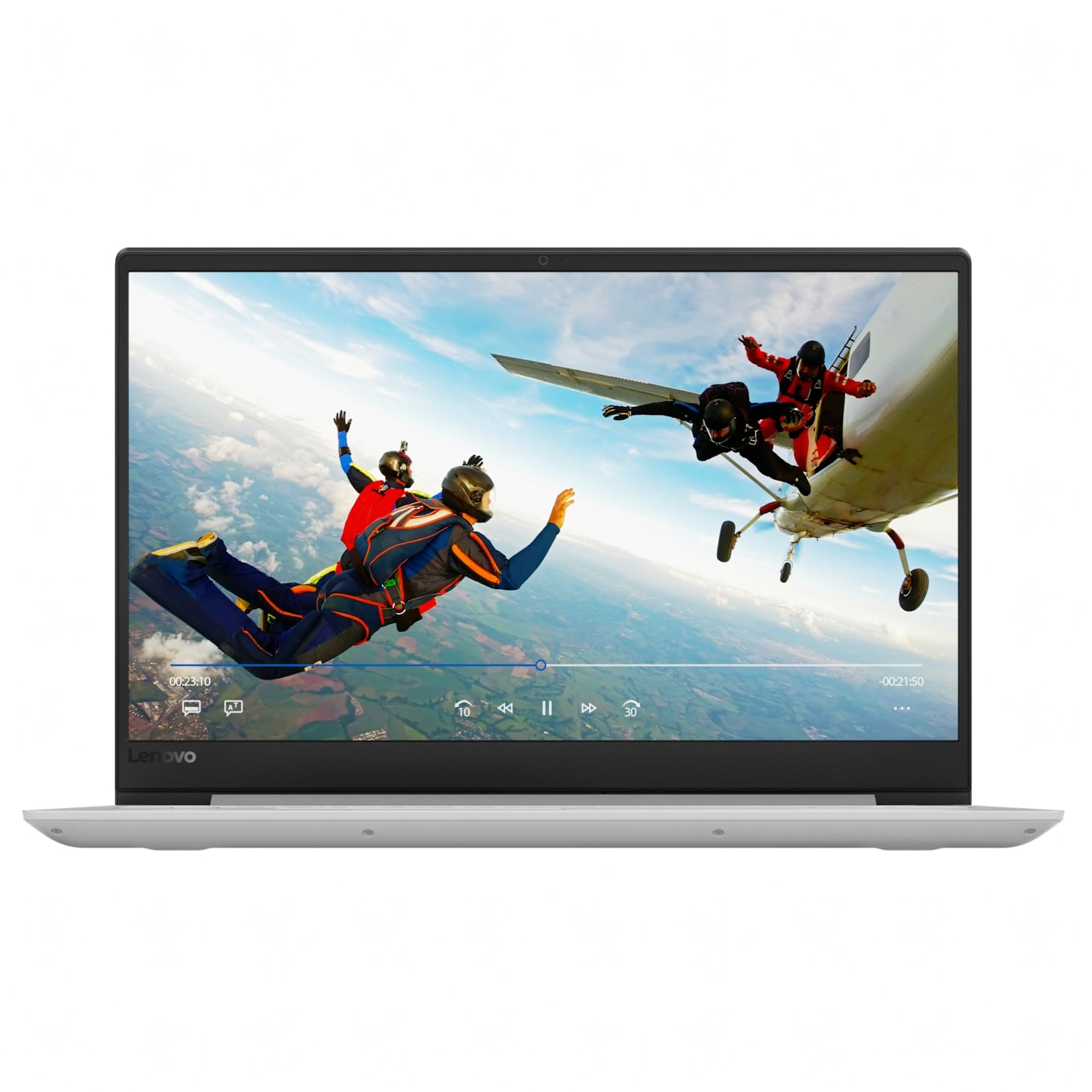 Pantalla de portátil mostrando paracaidistas saltando de un avión. El cielo es azul con nubes. Logotipo de Lenovo visible.