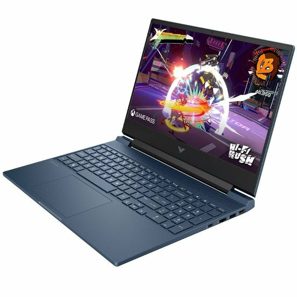 Ordenador portátil azul mostrando un videojuego. La pantalla muestra un personaje en acción. Teclado y panel táctil visibles.