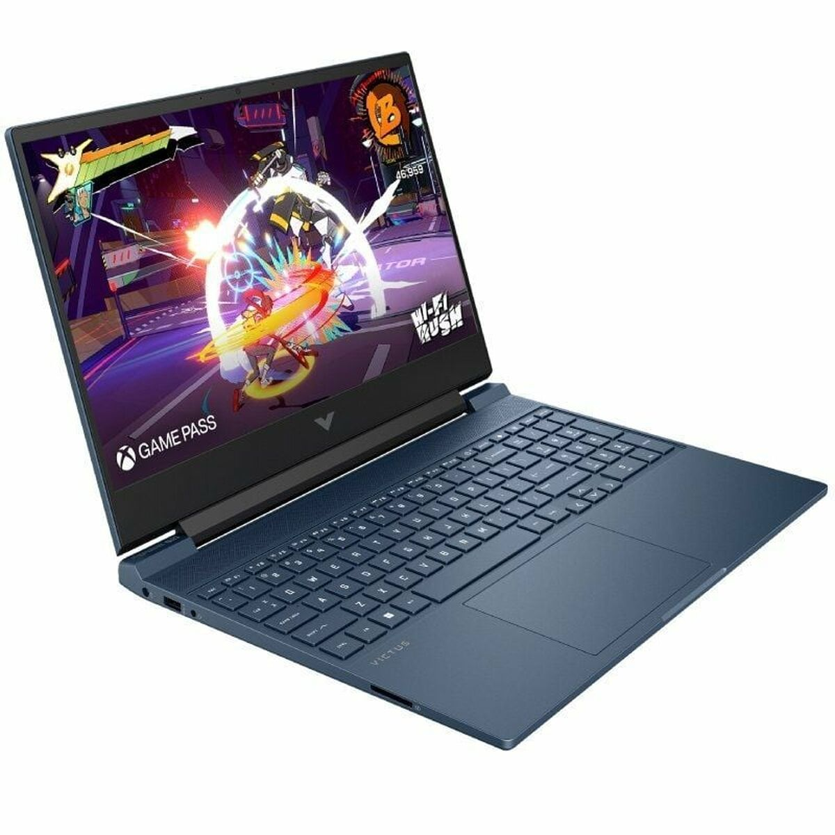 Portátil azul mostrando un videojuego. La pantalla muestra un personaje luchando en un entorno colorido, con teclado visible.