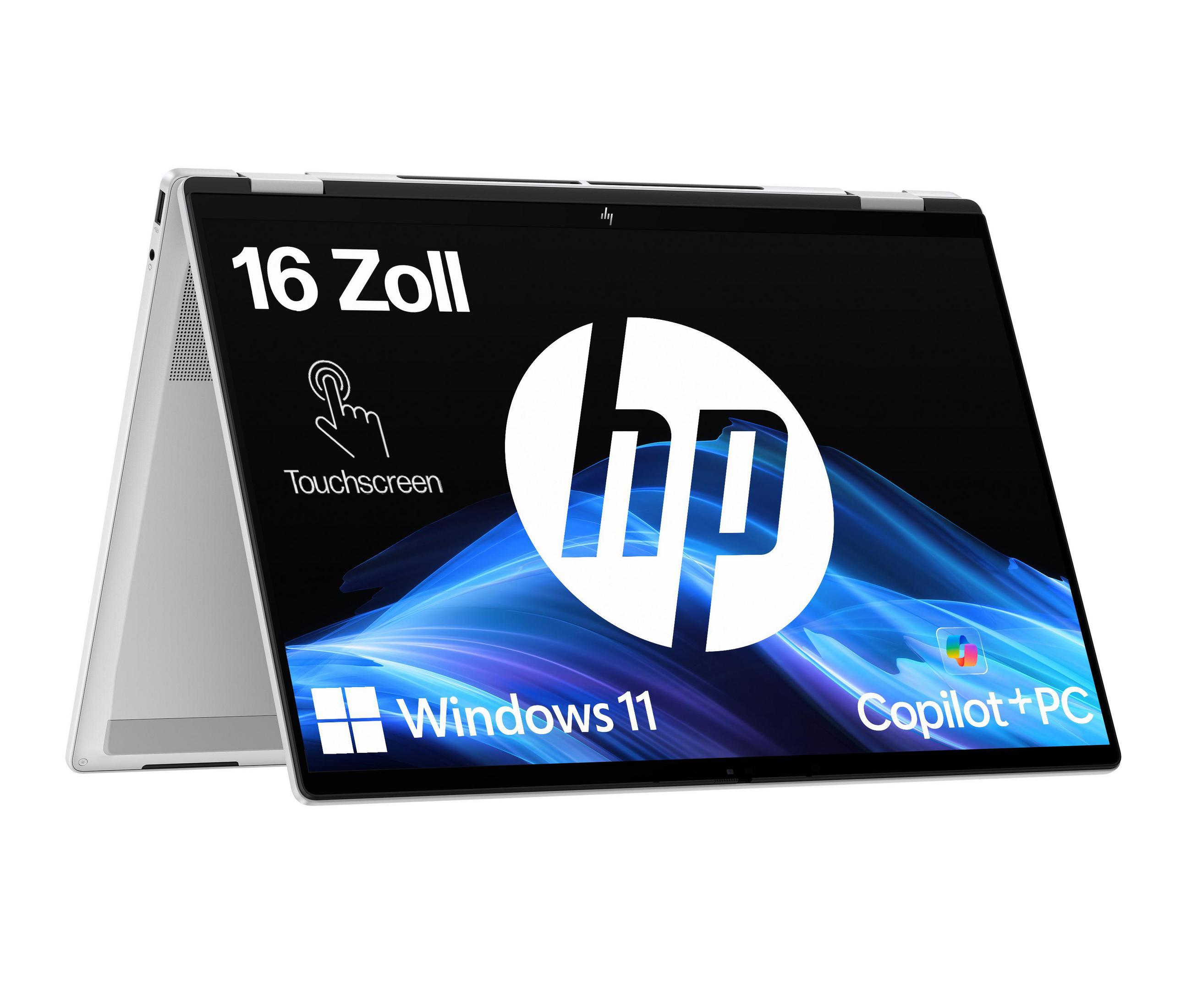 Ein silberner HP-Laptop ist geöffnet und zeigt einen Bildschirm mit dem HP-Logo, Windows 11 und Touchscreen-Funktionen.