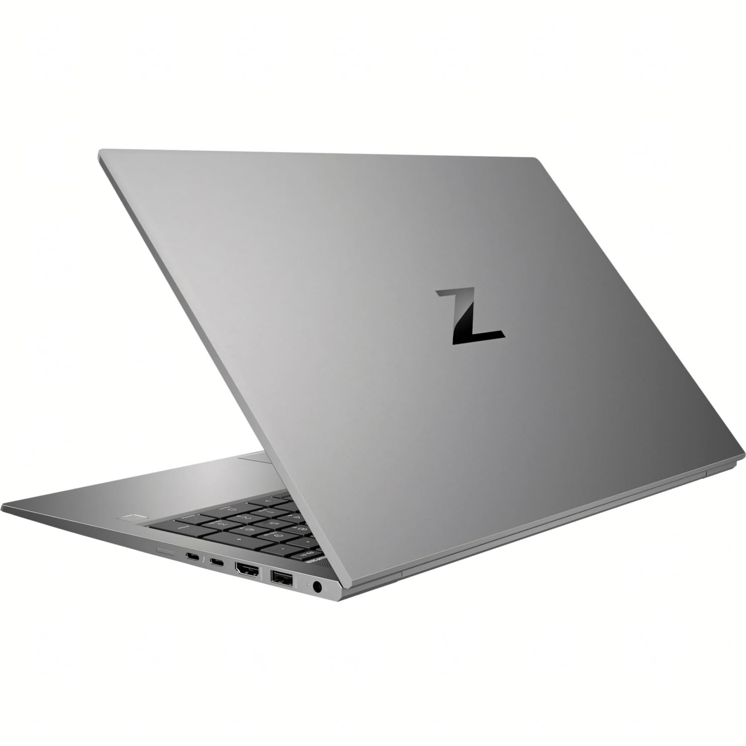 Portátil plateado con un logo 'Z' negro en la tapa, abierto para revelar el teclado. El fondo es blanco.