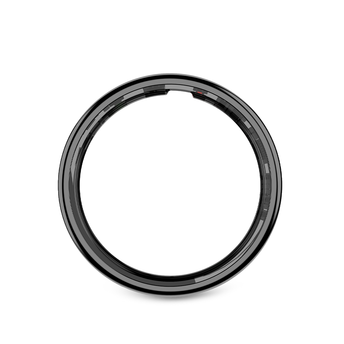 Ein schwarzes, kreisförmiges Objekt. Das ringförmige Objekt ist glänzend und hat ein dunkles Innere. Der Hintergrund ist weiß.