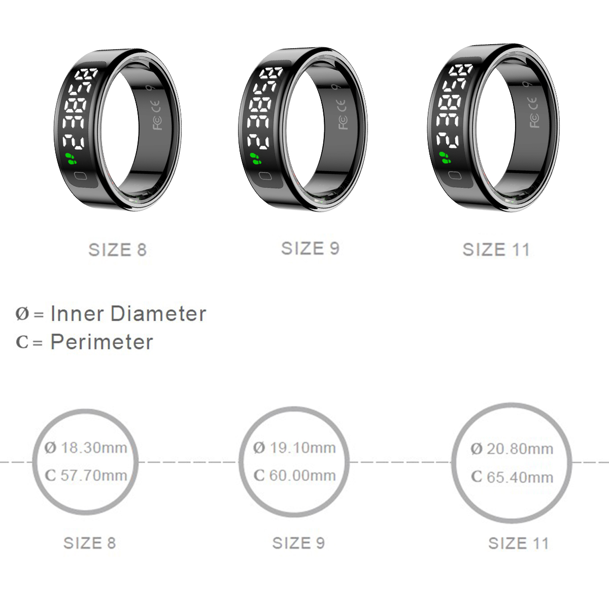 Drei schwarze Smart-Ringe mit Displays. Größen 8, 9 und 11 sind abgebildet. Darunter befinden sich Größentabellen mit Innen- und Umfangsmessungen.