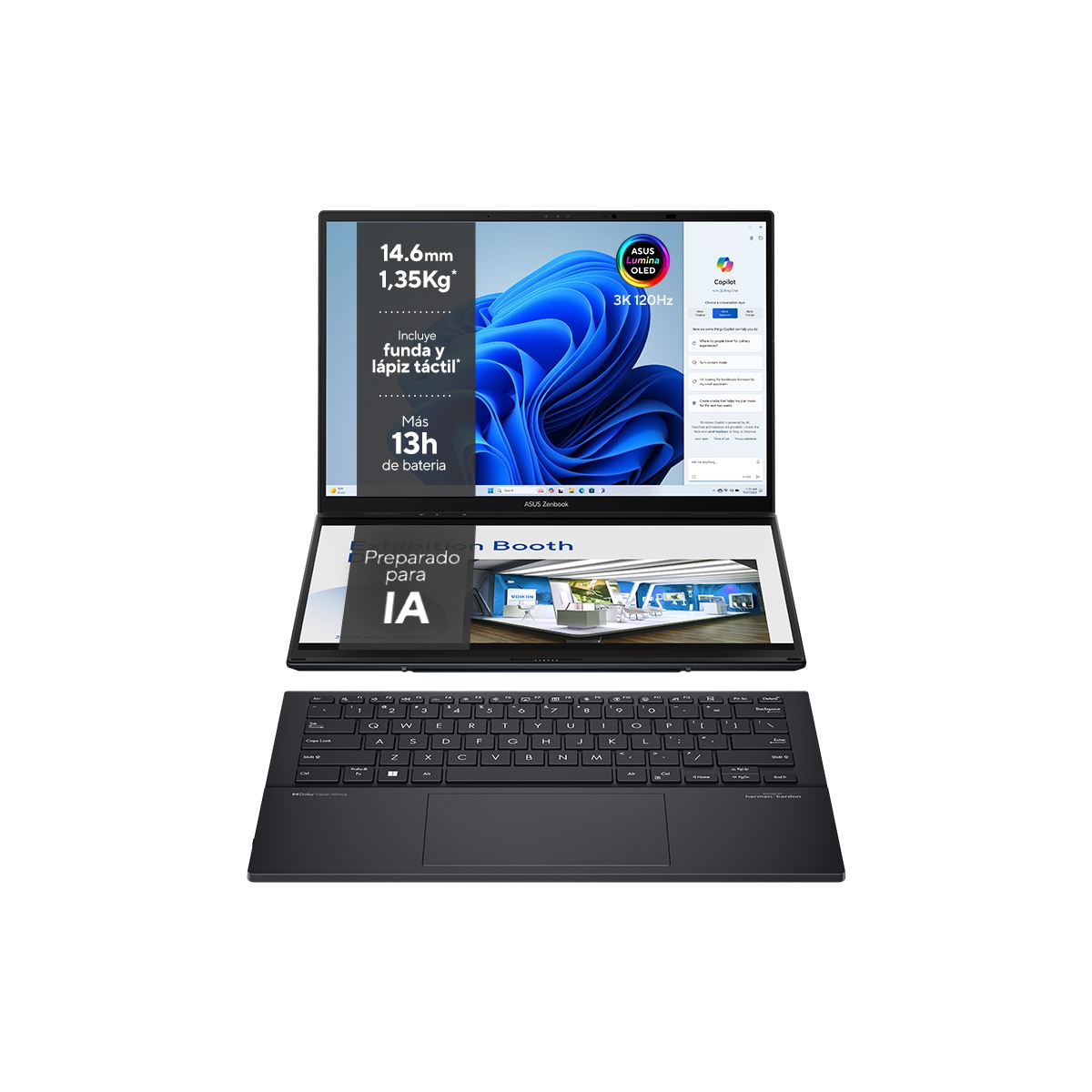 Se muestra una computadora portátil negra con un teclado separado. La pantalla muestra especificaciones y características. Incluye un lápiz y una funda.