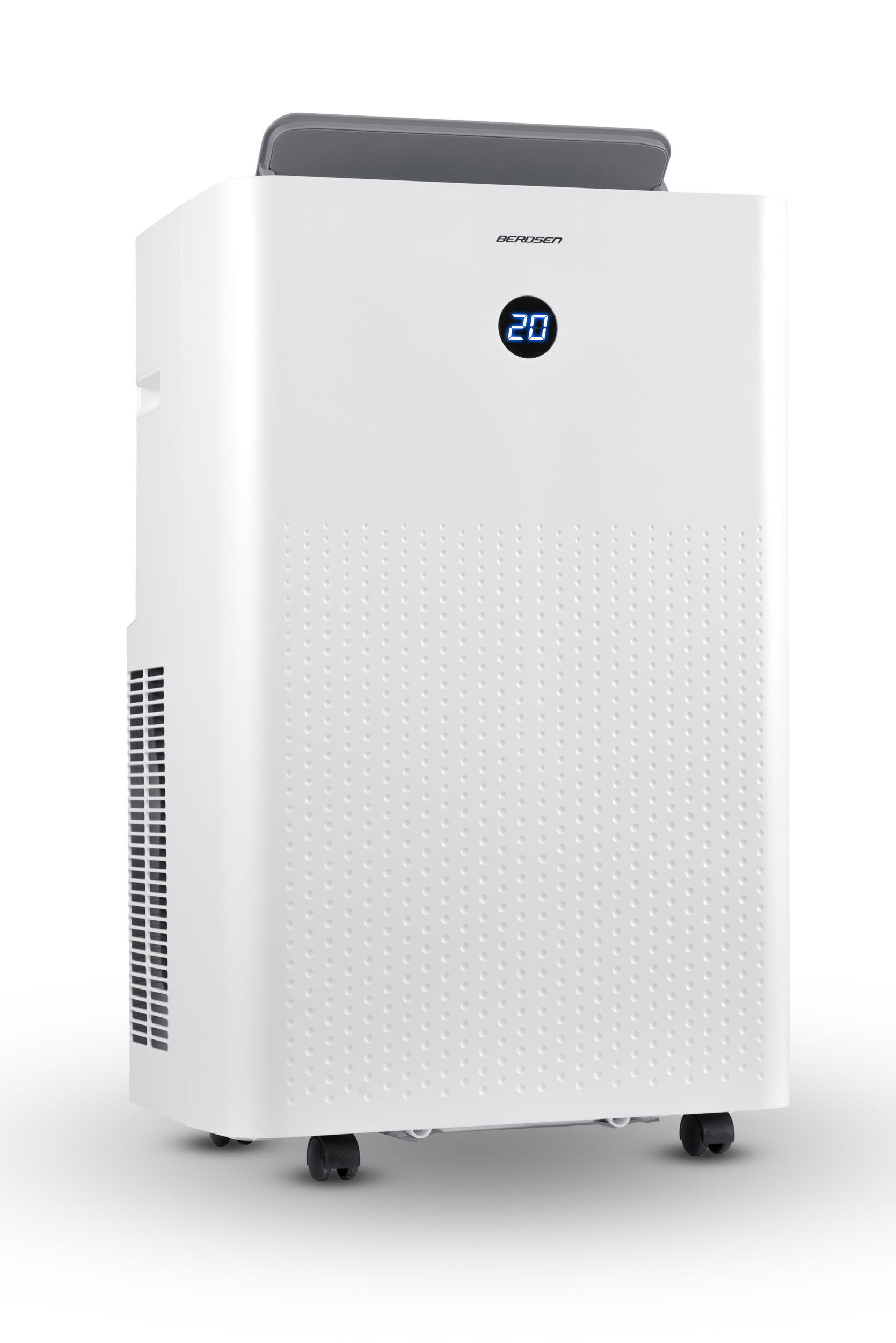 Biały klimatyzator z cyfrowym wyświetlaczem '20'. Ma perforowany przód i stoi na kółkach.