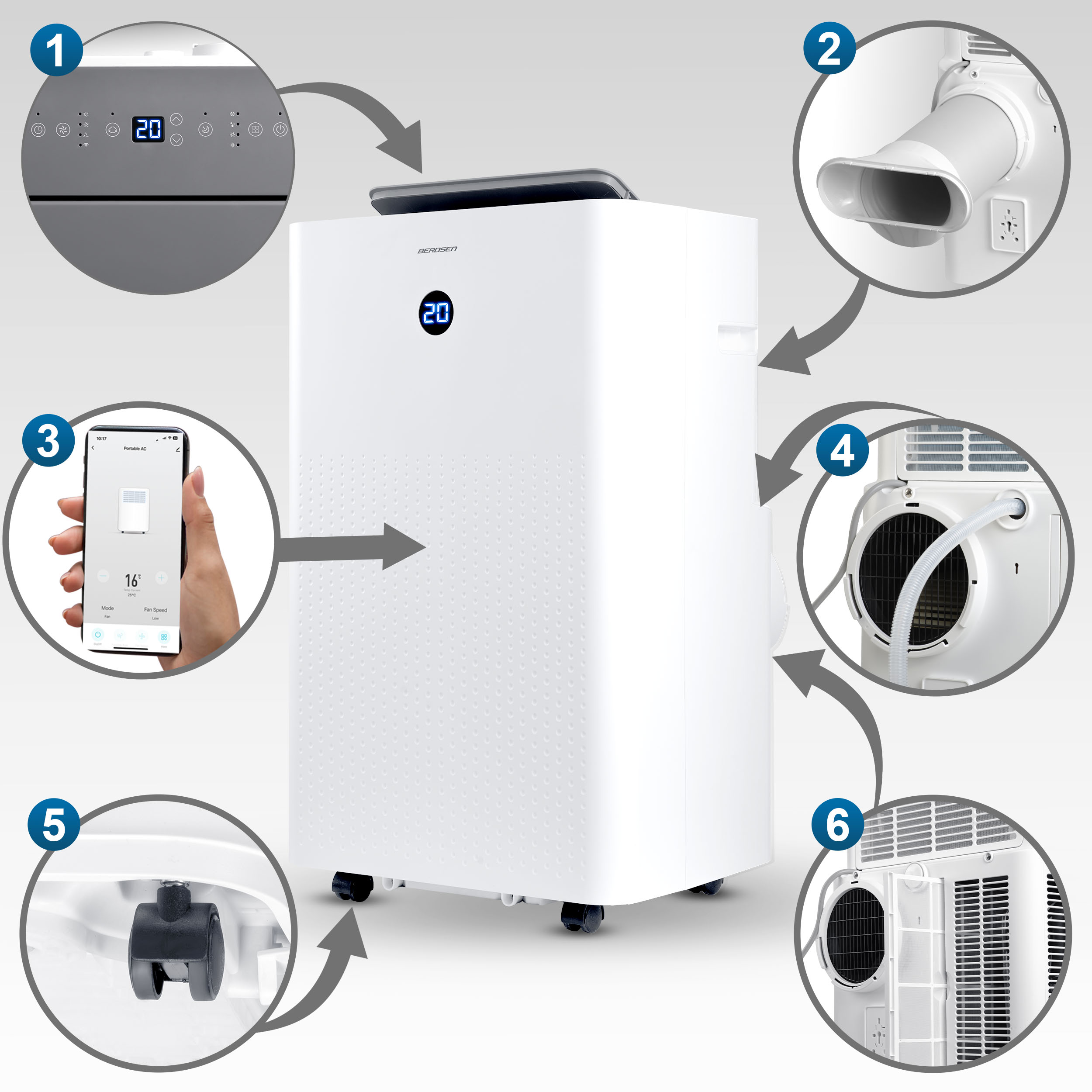 Biały przenośny klimatyzator z cyfrowym wyświetlaczem 20. Zawiera pilota i wąż wydechowy.