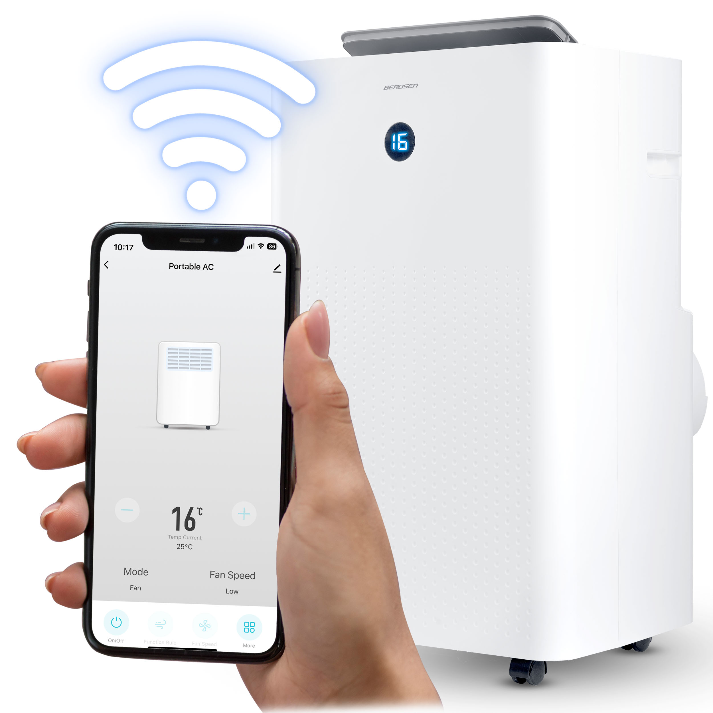 Ręka trzyma telefon, który kontroluje białą przenośną klimatyzację. Telefon pokazuje temperaturę i ustawienia.