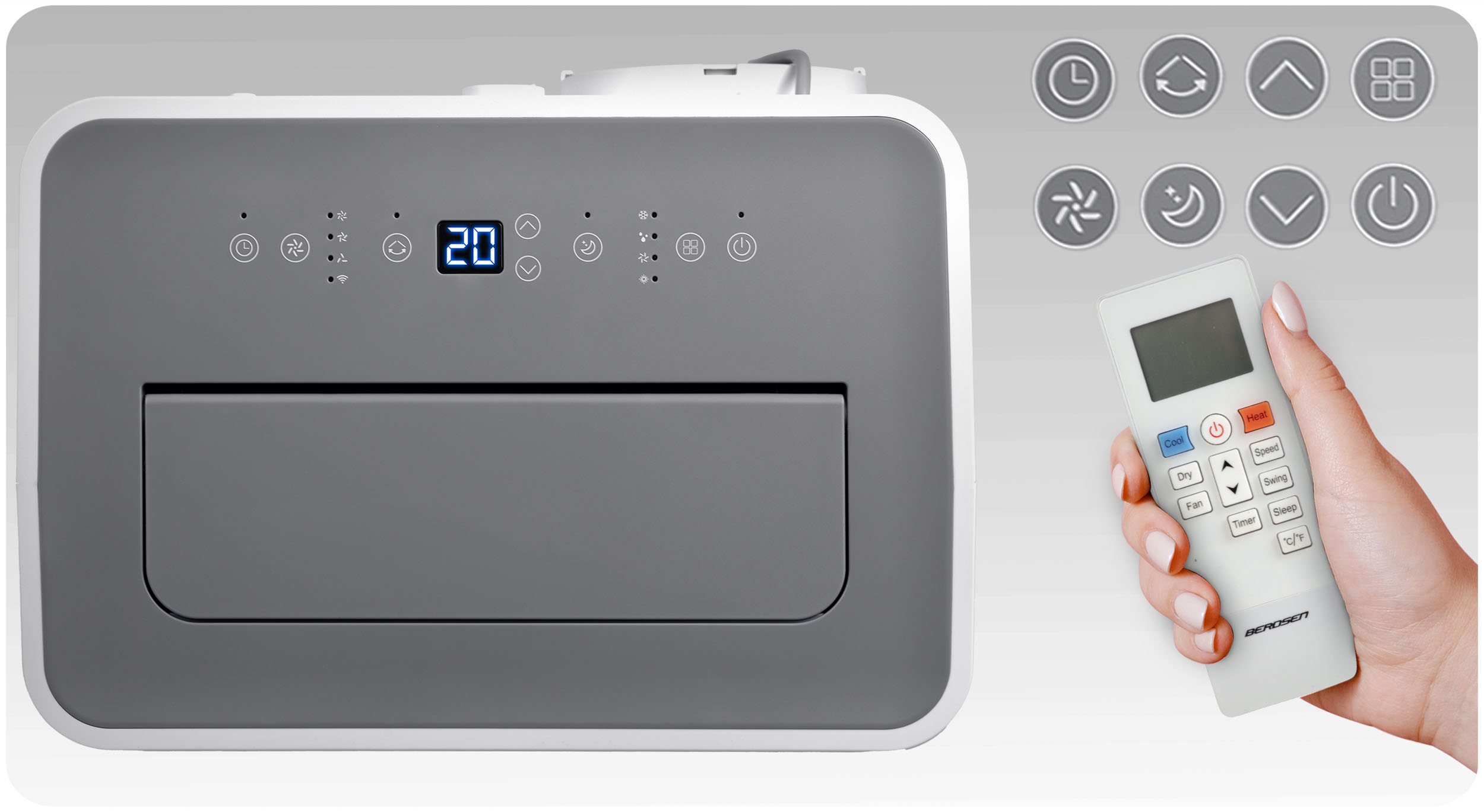 Klimatyzator z pilotem. Pokazuje temperaturę 20. Ręka trzyma pilota z przyciskami, takimi jak chłodzenie, ogrzewanie i prędkość.