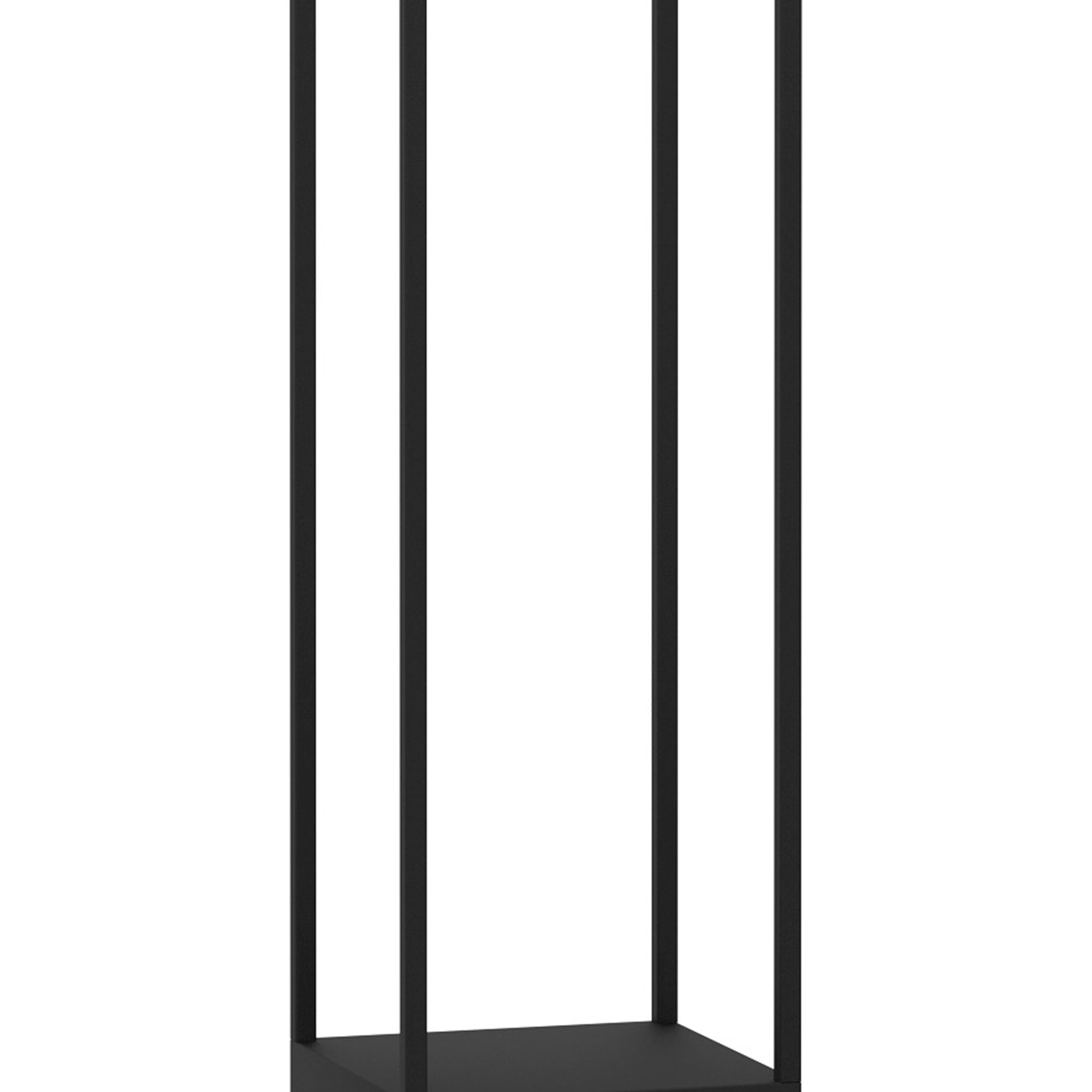 Étagère en métal noir avec quatre barres verticales et une base. Fond blanc.