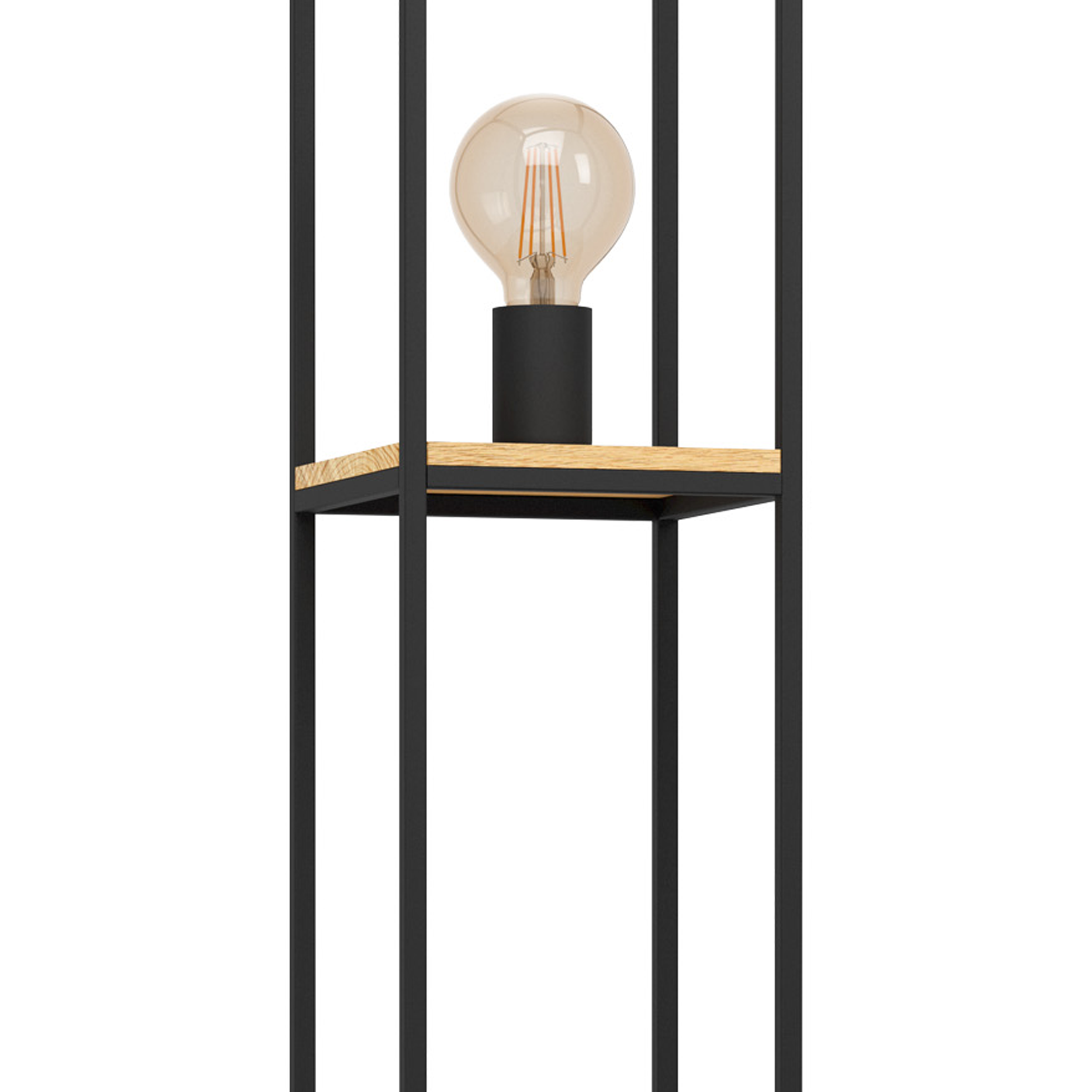 Un luminaire avec un cadre noir, une étagère en bois et une grosse ampoule. Fond blanc.