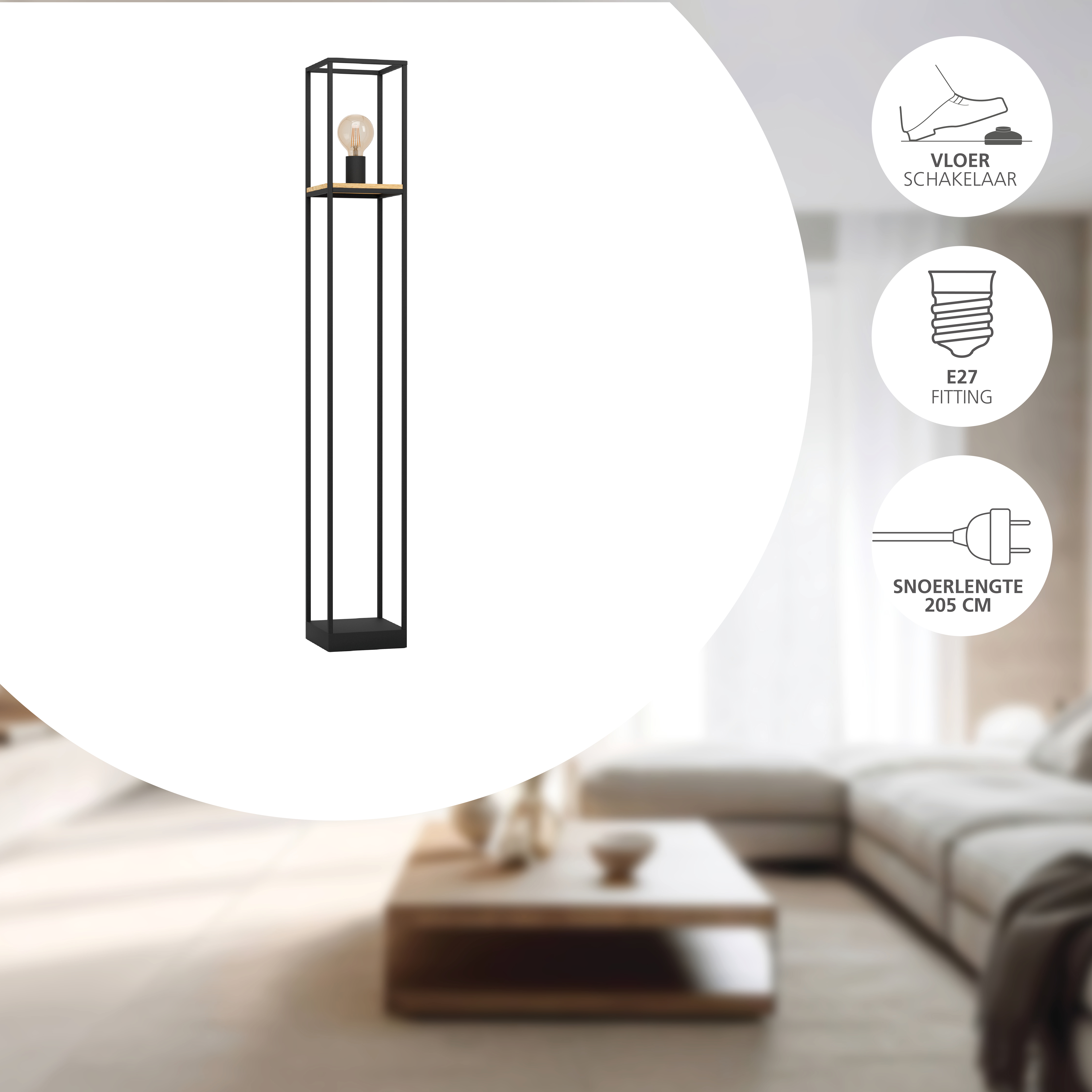Une haute lampe noire avec une ampoule au milieu. Il y a aussi des icônes d'un interrupteur au pied, d'un culot E27 et d'un cordon de 205 cm.