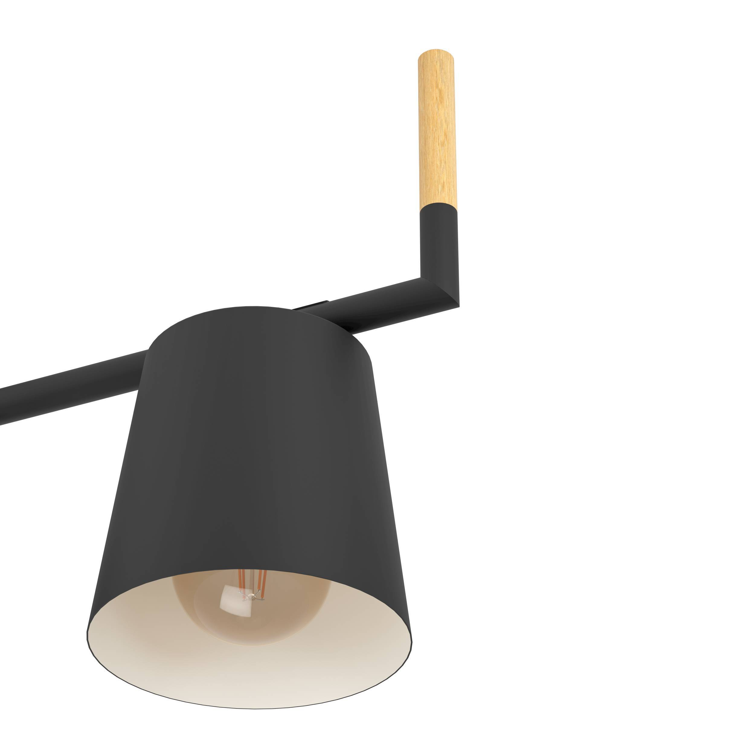 Eine schwarze Pendelleuchte mit Holzbalken. Die Lampe hat einen schwarzen Schirm und eine Glühbirne. Der Hintergrund ist weiß.