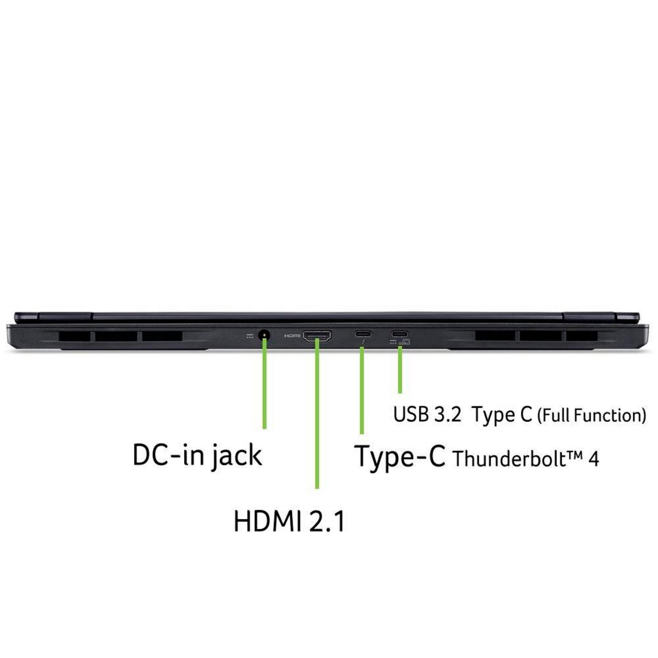 Widok z boku laptopa z gniazdem DC-in, HDMI 2.1, USB 3.2 Type C oraz portami Type-C Thunderbolt 4.
