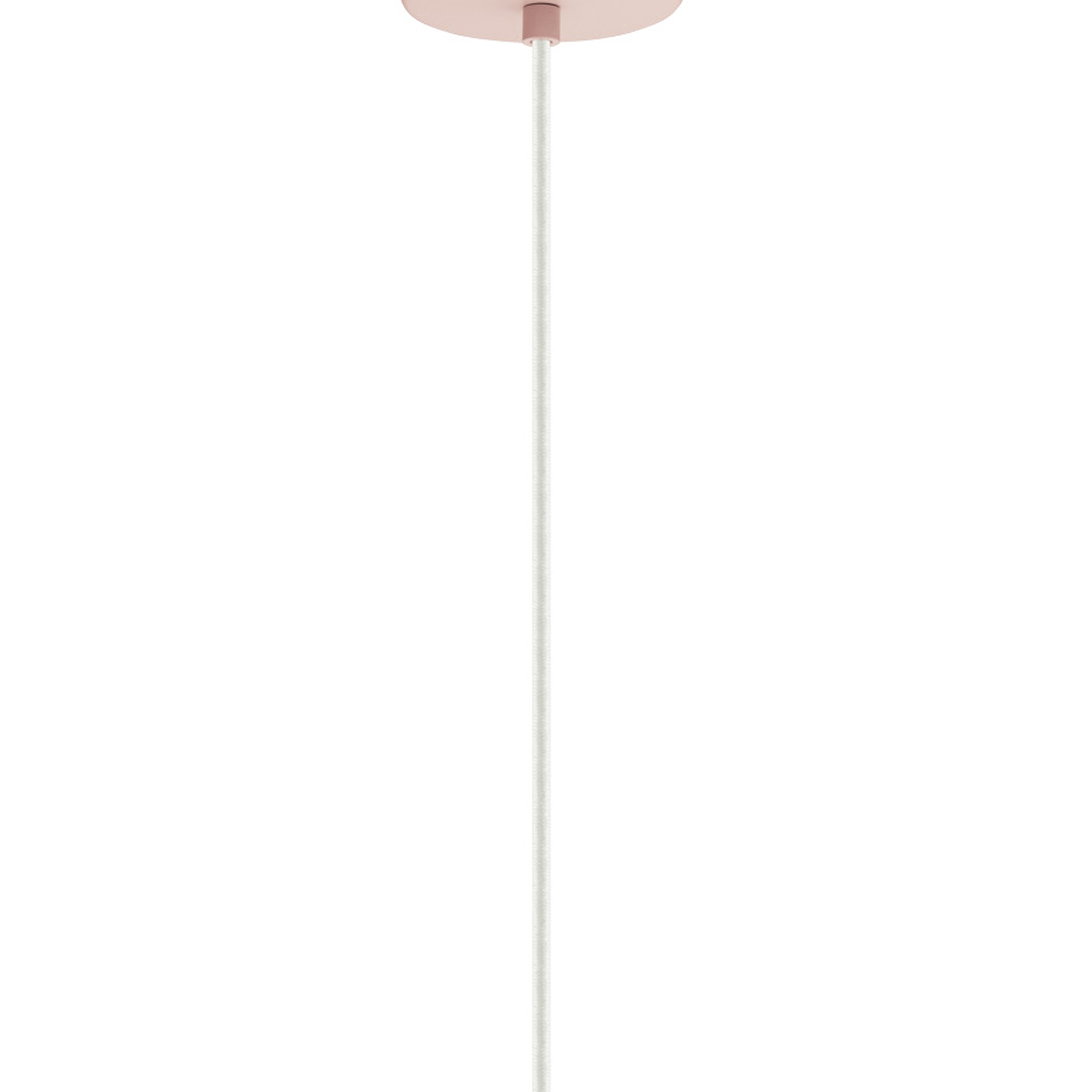 Una montura de techo rosa claro con un cable blanco colgando. El cable desaparece en el fondo blanco.