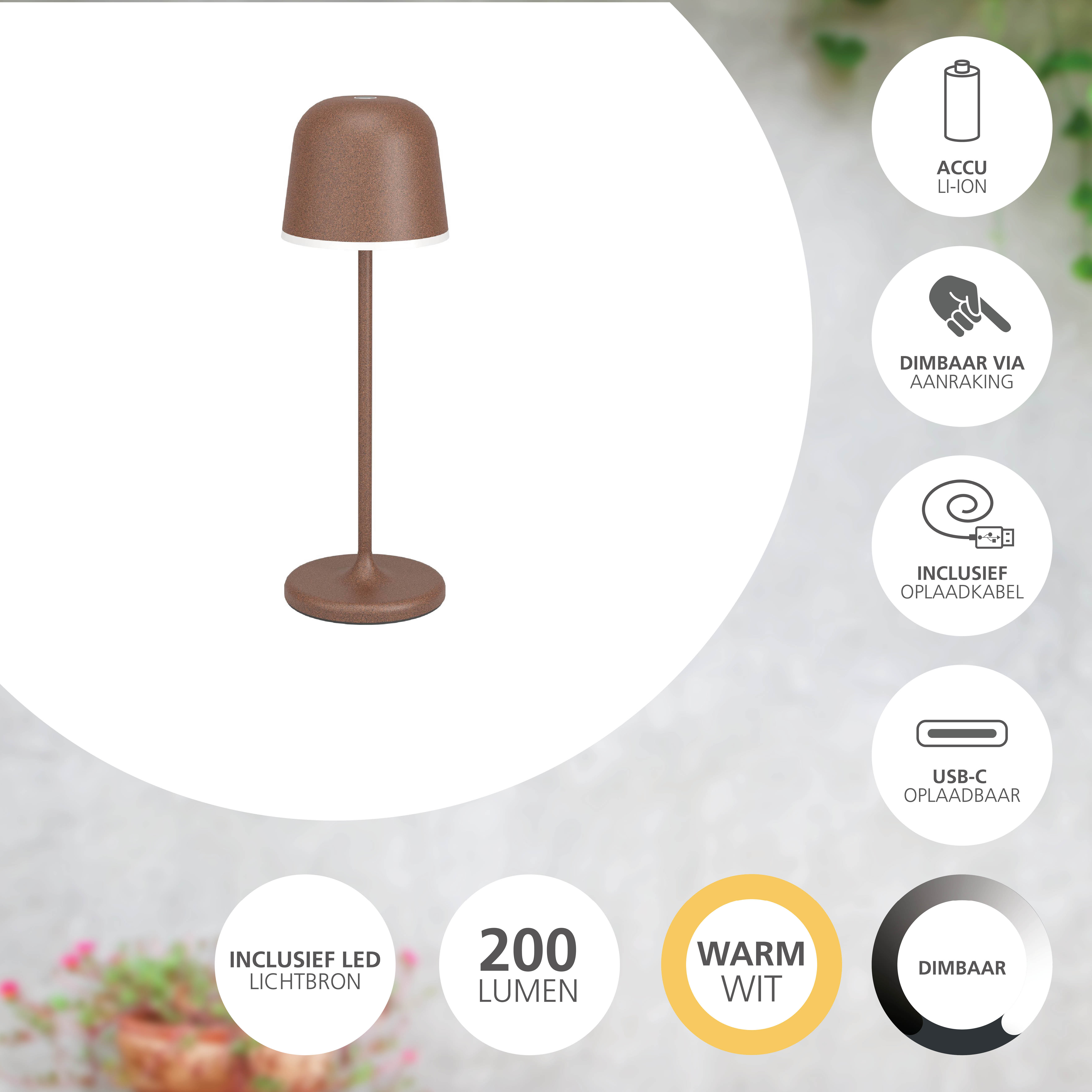 Braune Tischlampe mit rundem Fuß und Lampenschirm. Sie hat Symbole zum Aufladen, Dimmen und Licht.