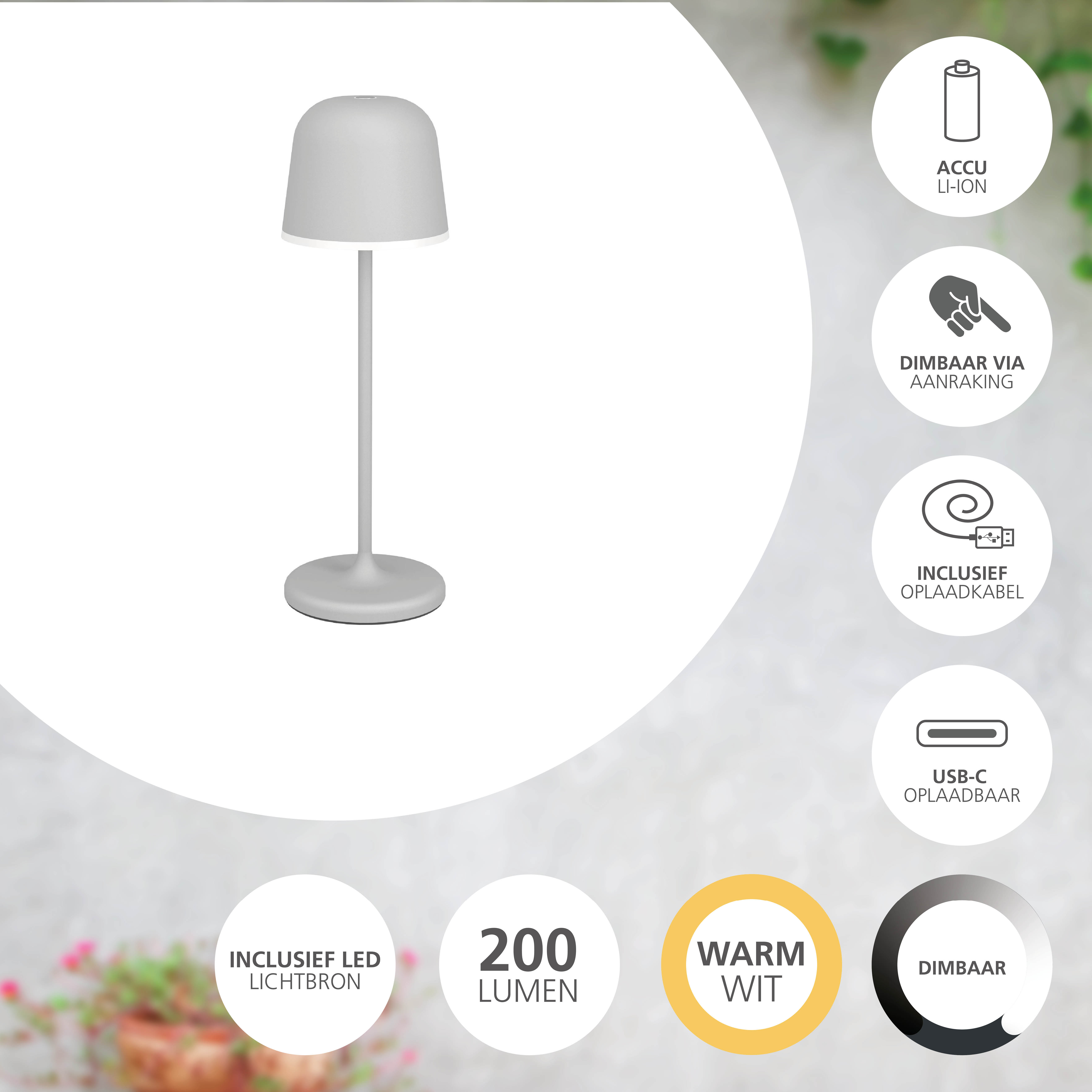 Graue Lampe auf weißem Hintergrund. Symbole zeigen Funktionen wie dimmbar, USB-C-Laden und LED-Beleuchtung.