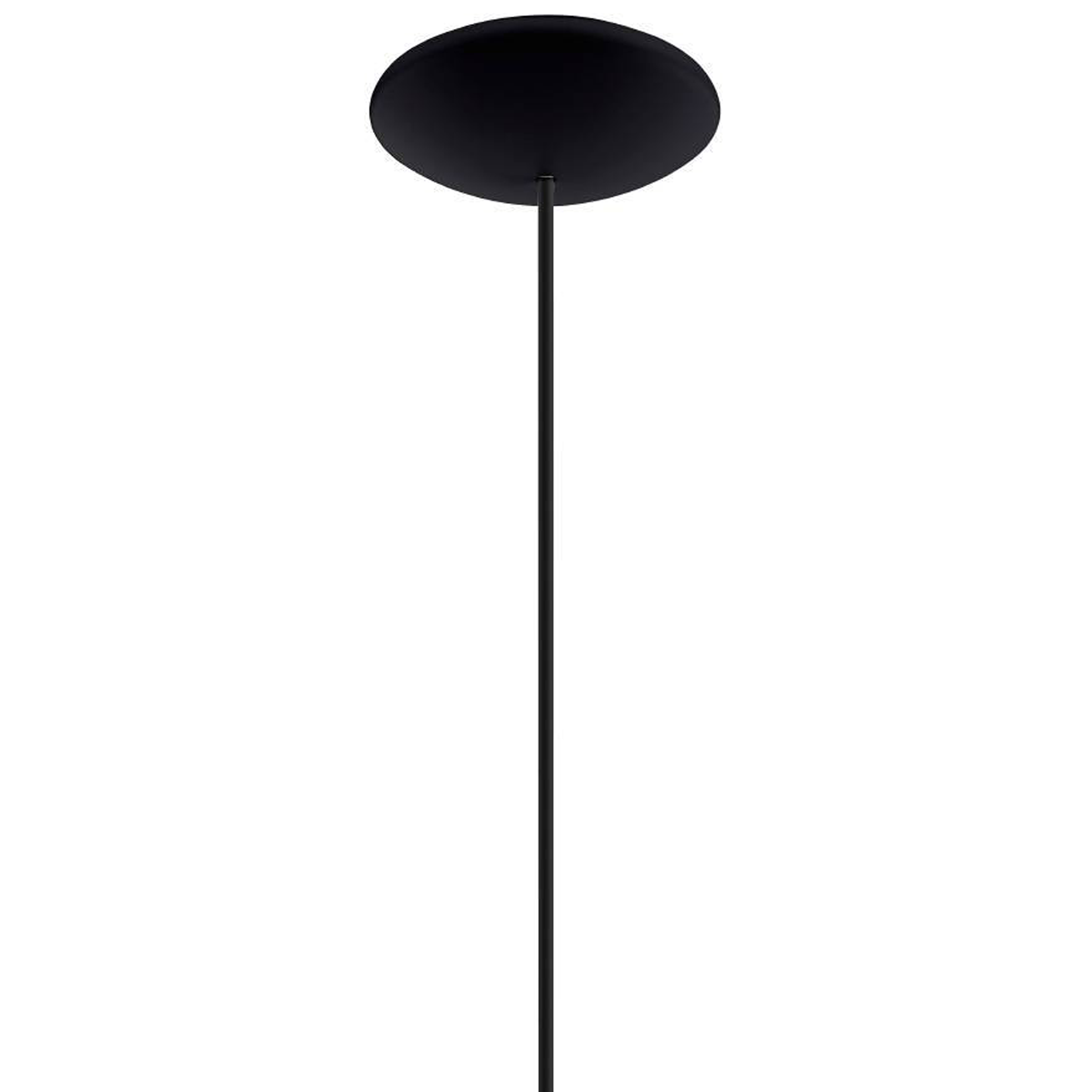 Un apparecchio di illuminazione a soffitto nero. Ha un baldacchino circolare nero e un'asta lunga e sottile nera.