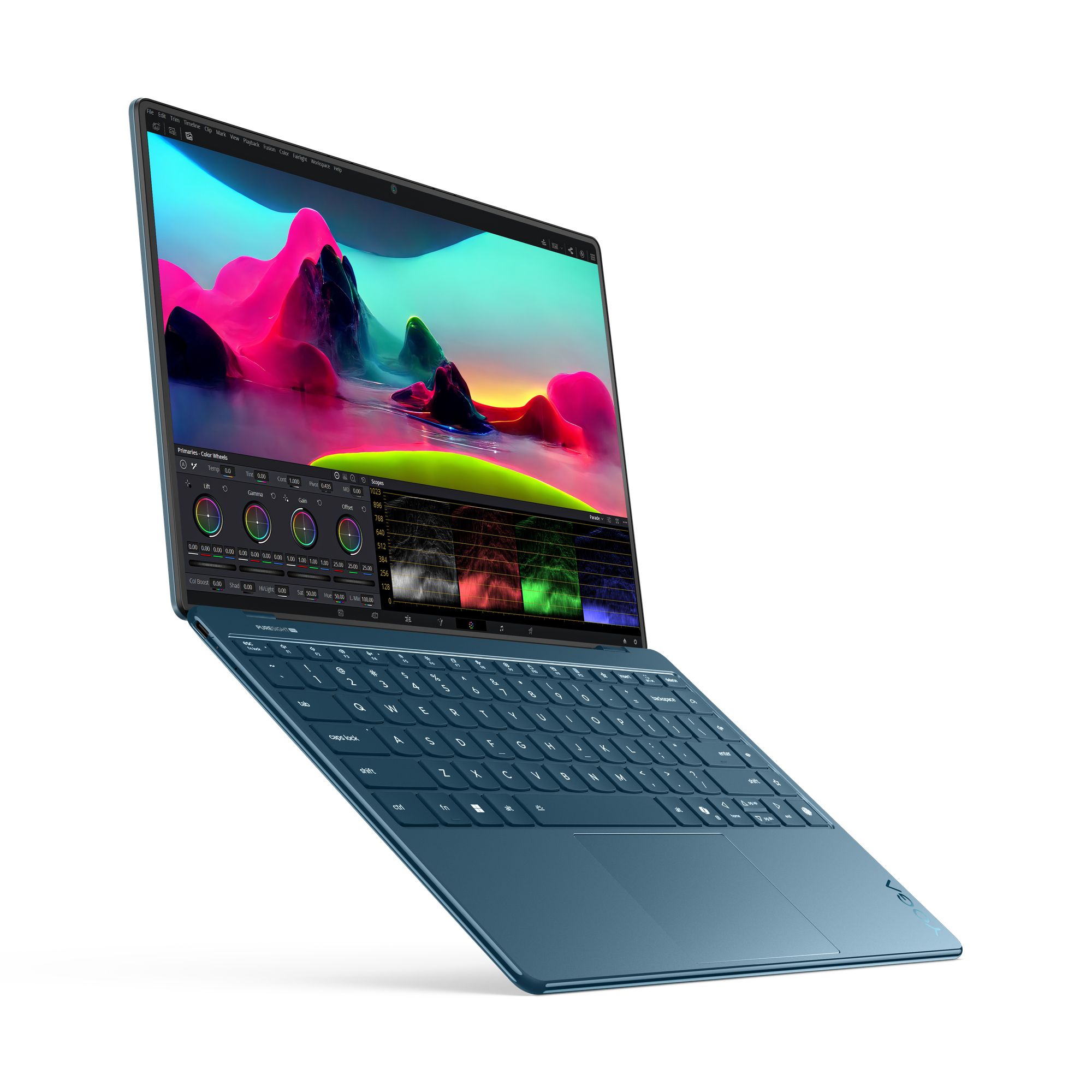 Niebieski laptop z oprogramowaniem do korekcji kolorów na białym tle. Ekran z kolorową, abstrakcyjną grafiką.