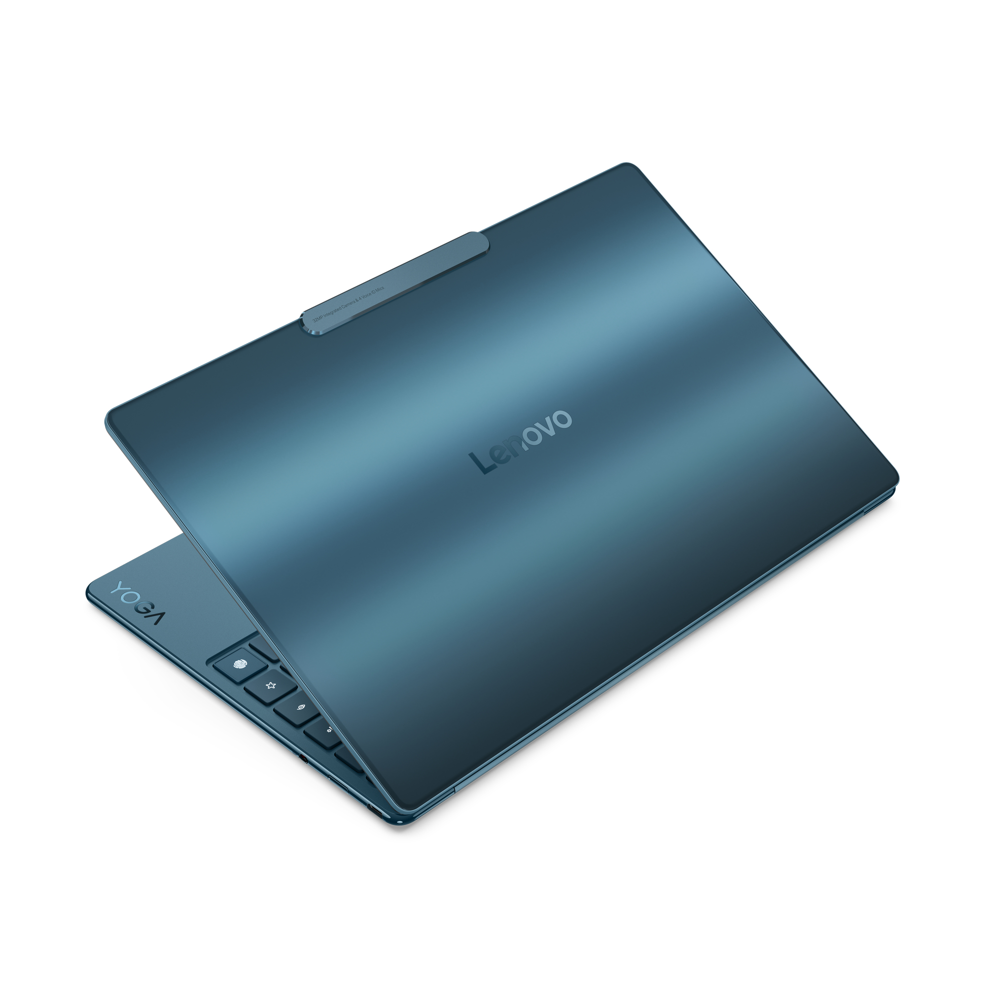 Teal laptop Lenovo Yoga, częściowo otwarty, na białym tle. Widoczne logo Lenovo.