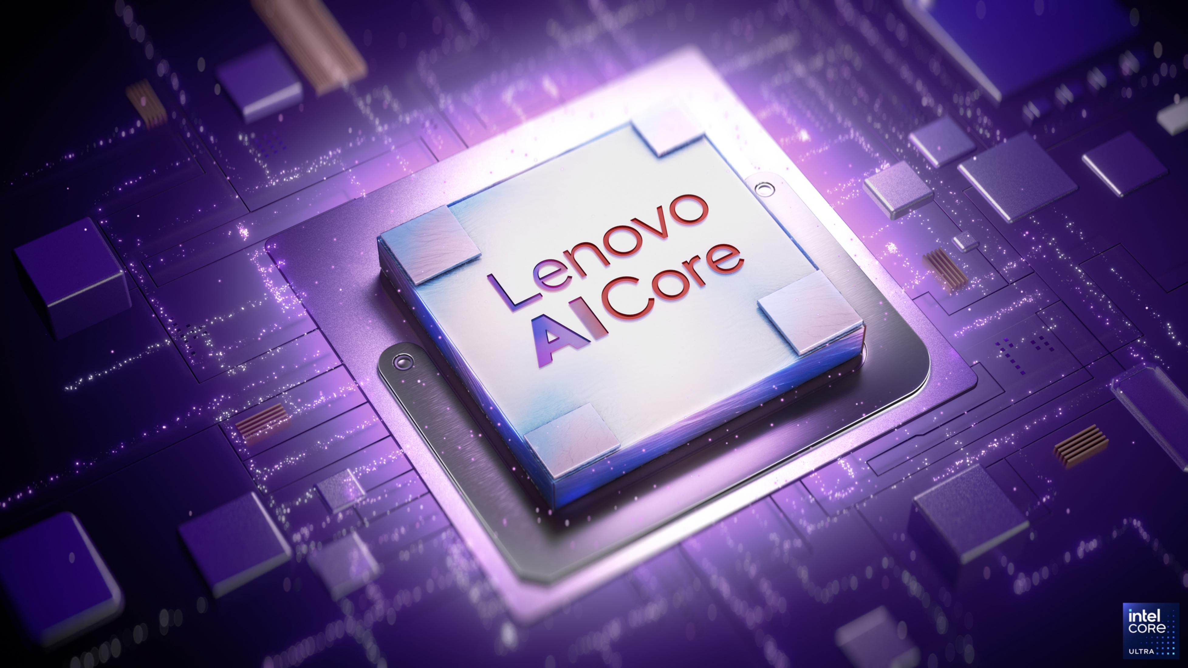 Zbliżenie procesora z napisem Lenovo AI Core. Znajduje się na fioletowej płytce drukowanej z innymi elementami.