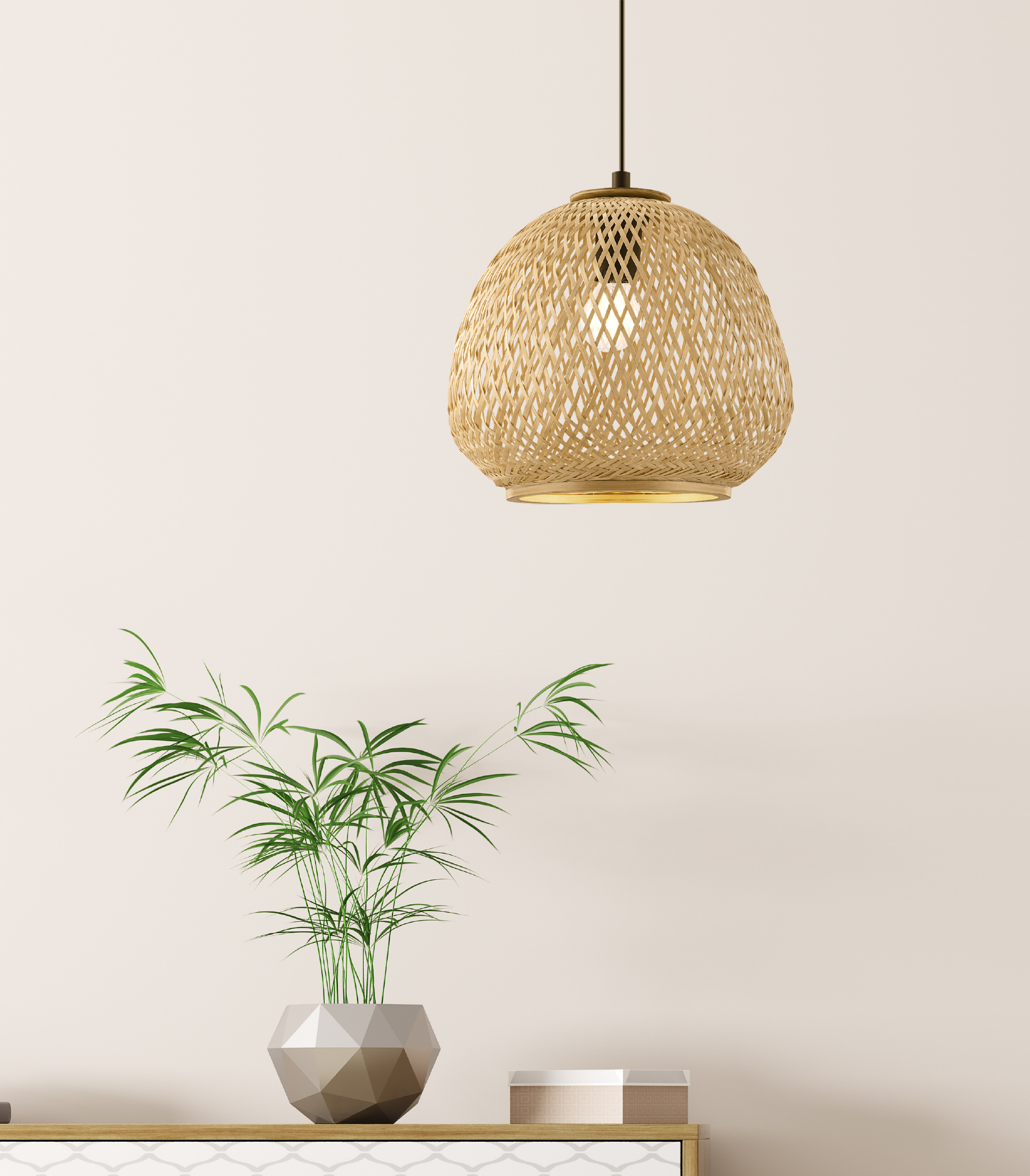 Una lampada intrecciata è sospesa sopra una pianta in un vaso geometrico, su una mensola a fantasia. C'è una scatola.