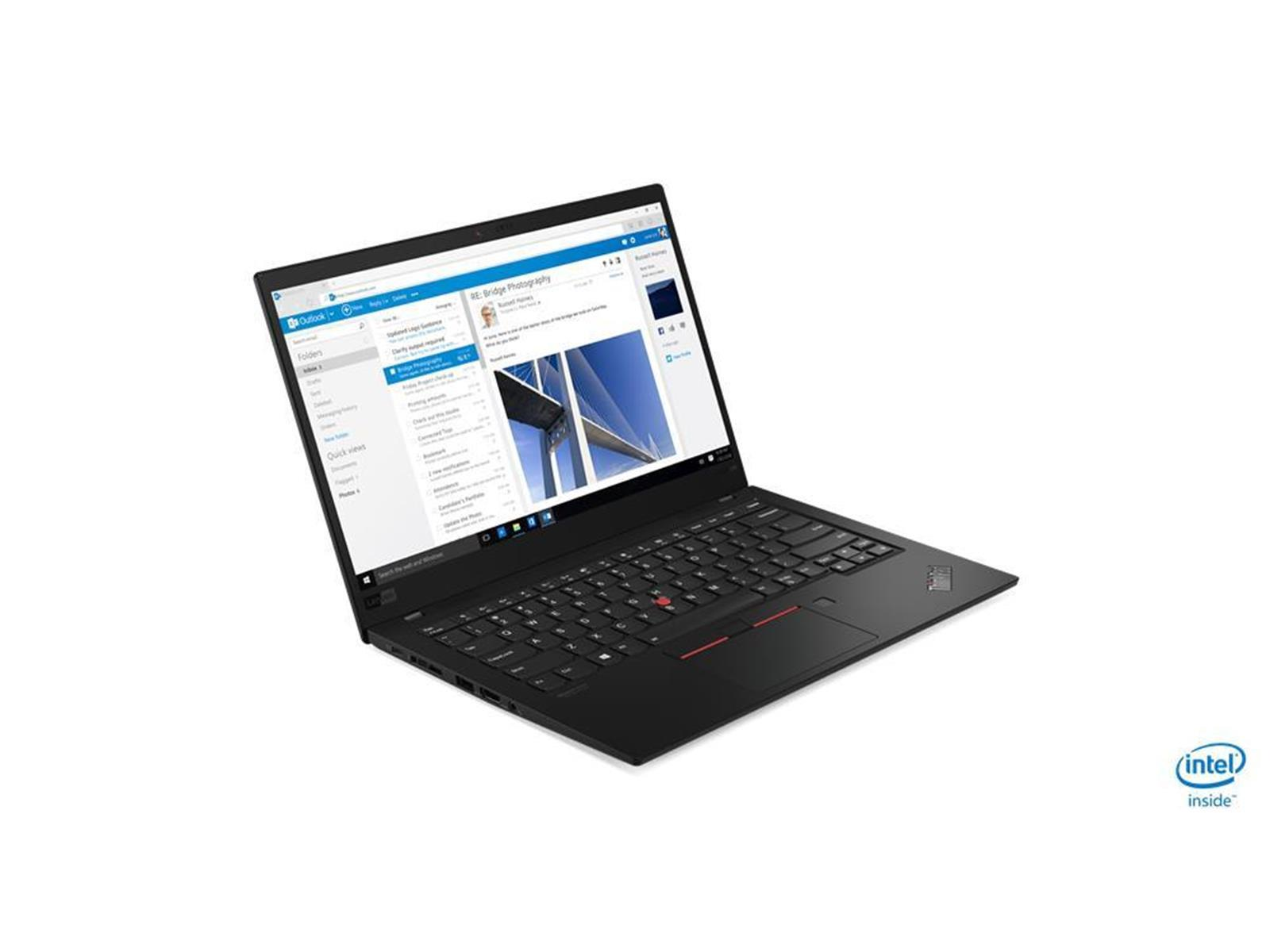 Schwarzer ThinkPad-Laptop auf weißer Oberfläche. Der Bildschirm zeigt E-Mails und ein Brückenfoto. Intel inside-Logo sichtbar.