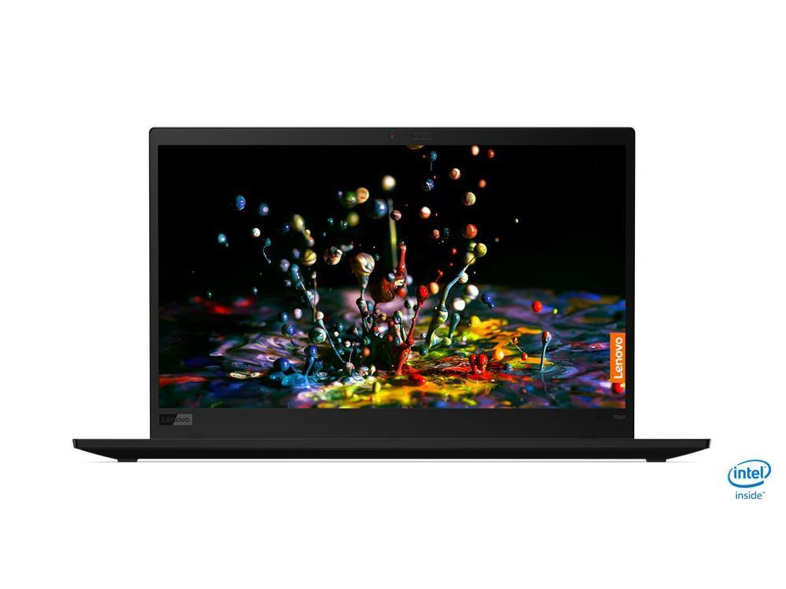 Schwarzer Lenovo-Laptop mit farbenfroher Spritzkunst. Intel inside Logo sichtbar. Dunkler Hintergrund, helle Farben.