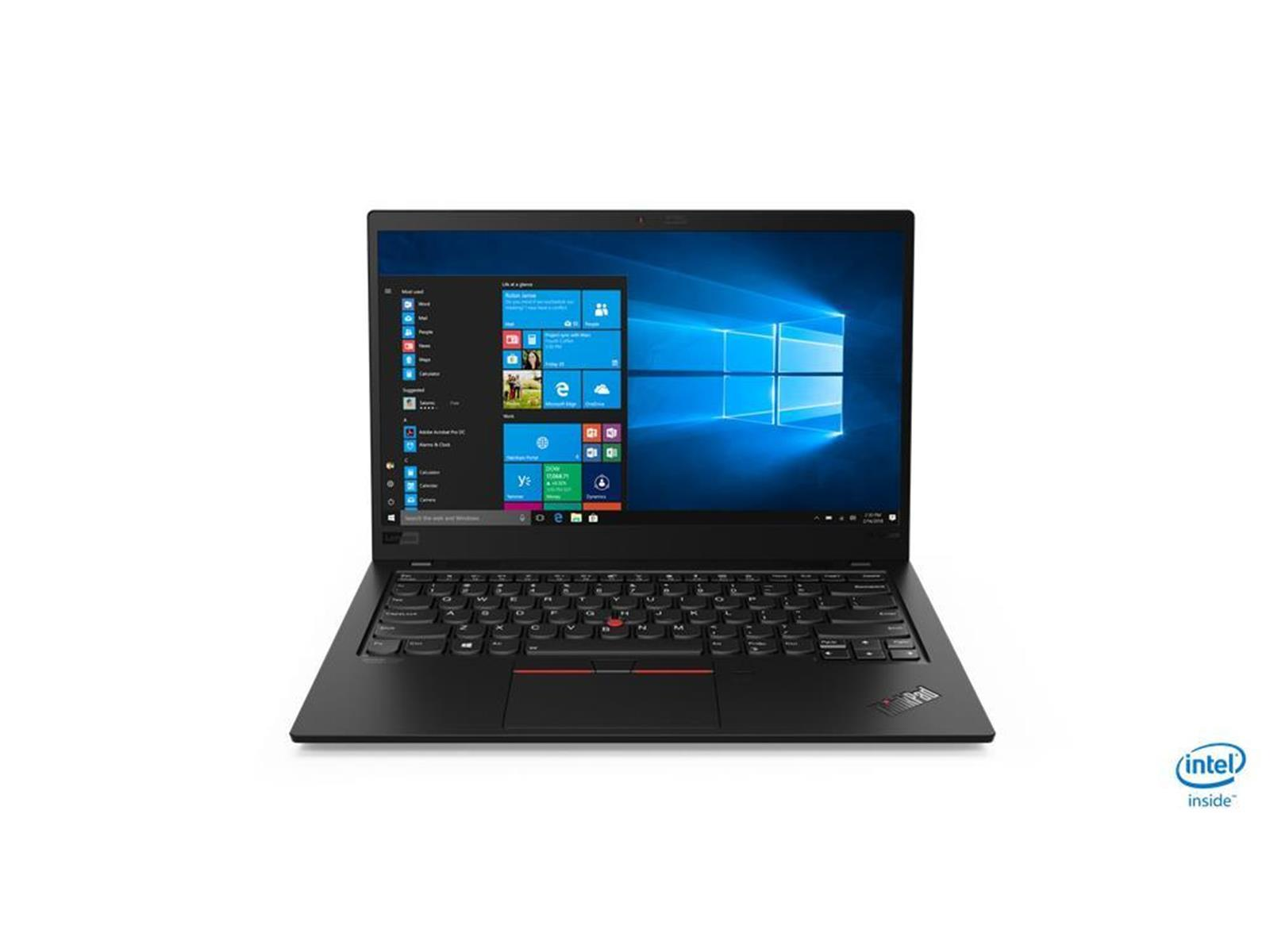 Schwarzer Laptop auf weißem Hintergrund. Der Bildschirm zeigt die Windows-Oberfläche. Das Intel-Logo befindet sich unten rechts.
