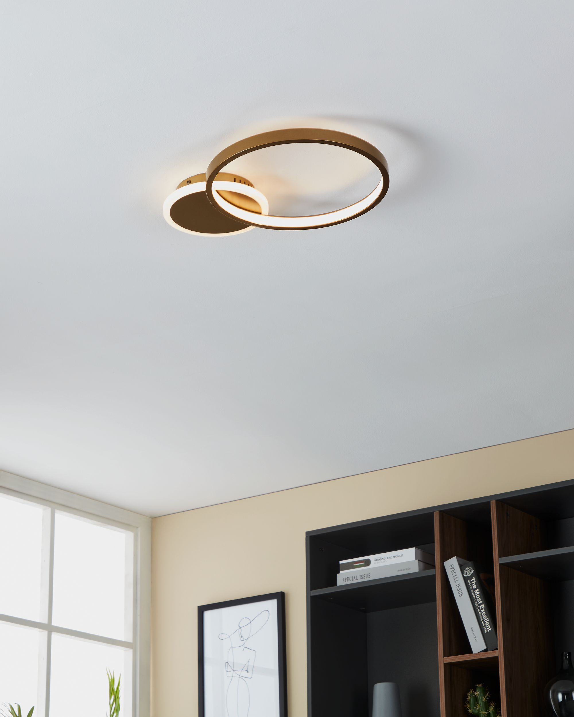 Eine moderne Deckenlampe mit zwei goldenen Ringen. Im Hintergrund sind ein Fenster und Bücherregale zu sehen.