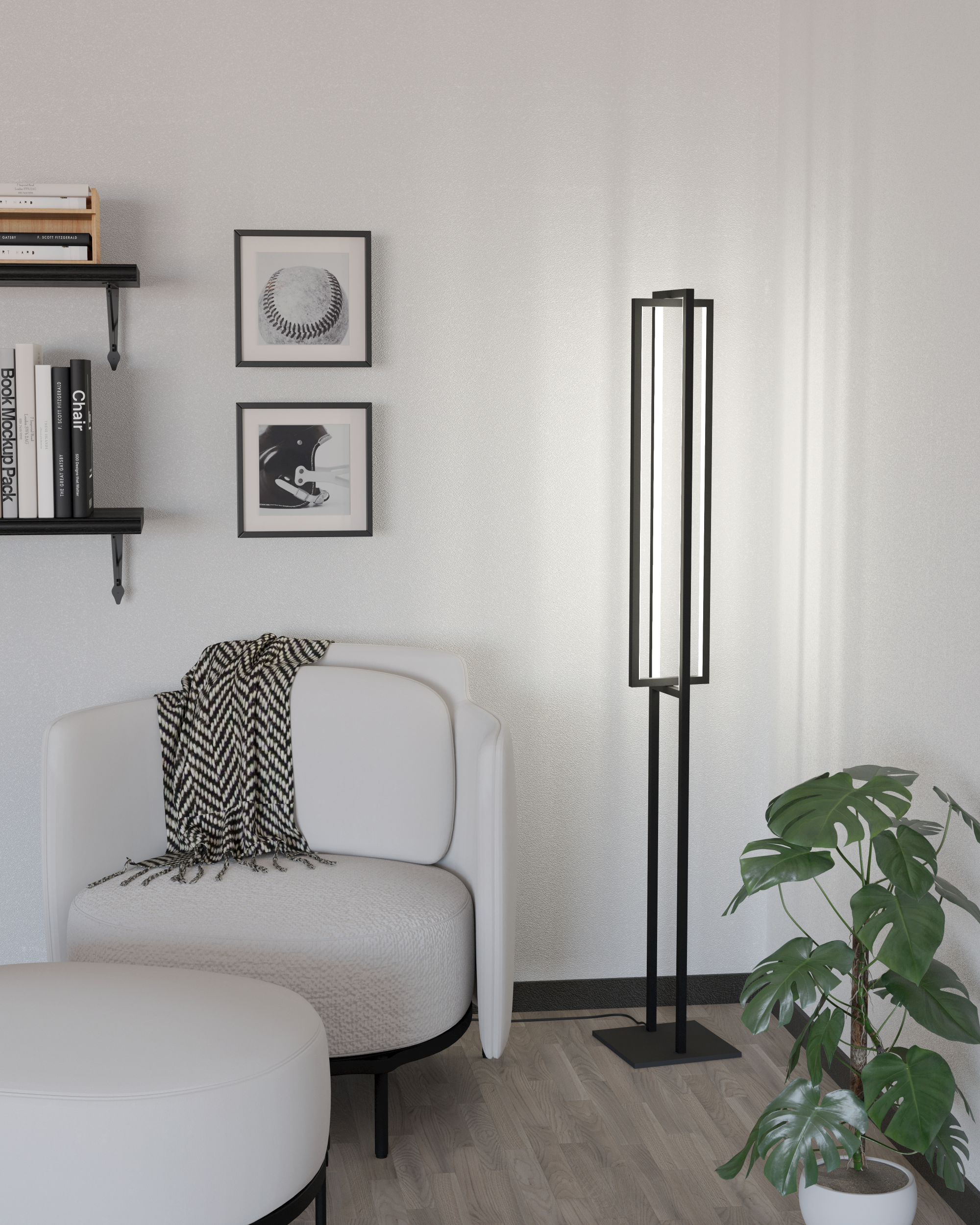 Ein modernes Wohnzimmer mit weißen Möbeln, einer hohen Lampe, einer Pflanze und Kunst an der Wand. Holzboden.