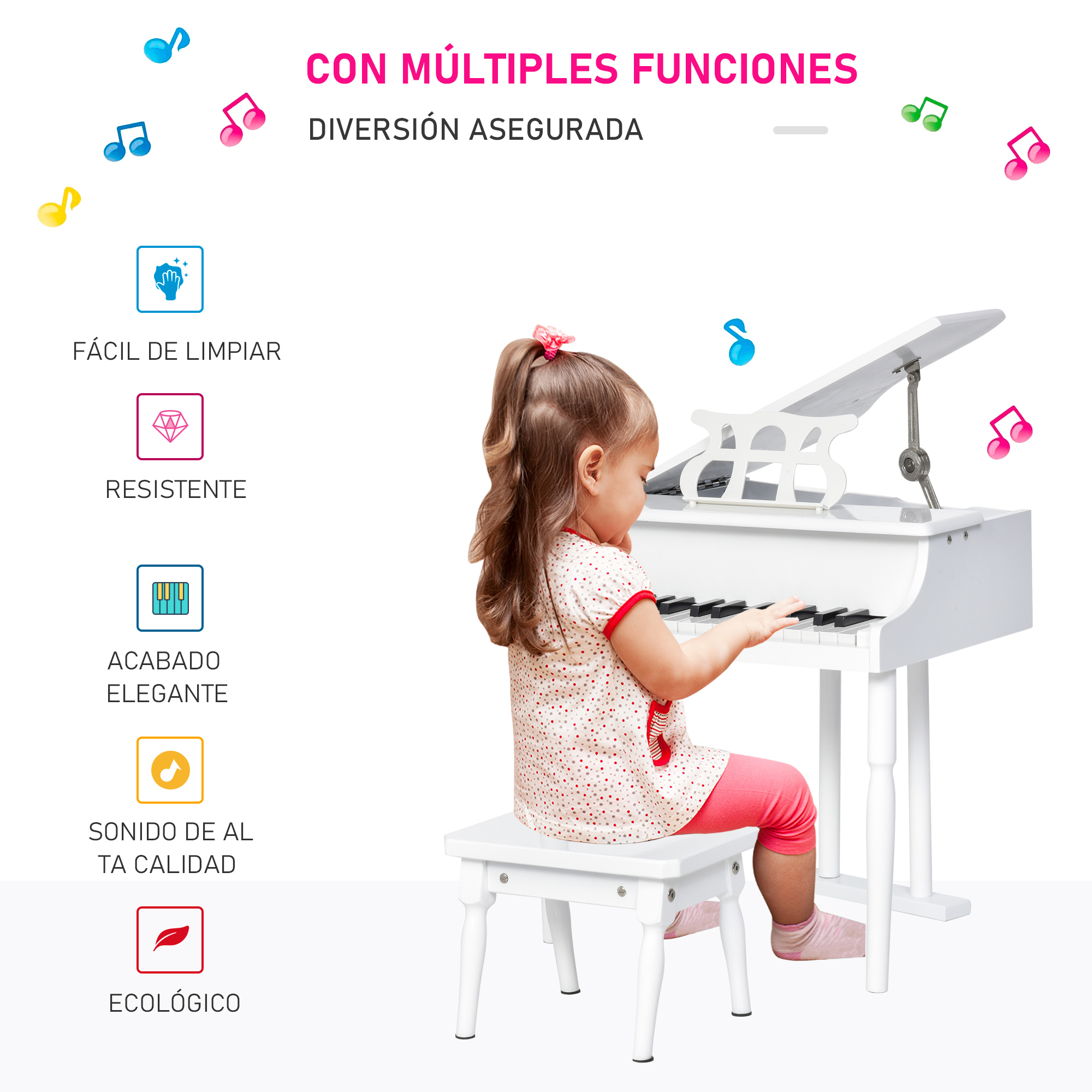 Una niña toca el piano blanco. Notas musicales rosas y azules flotan. El texto describe características.