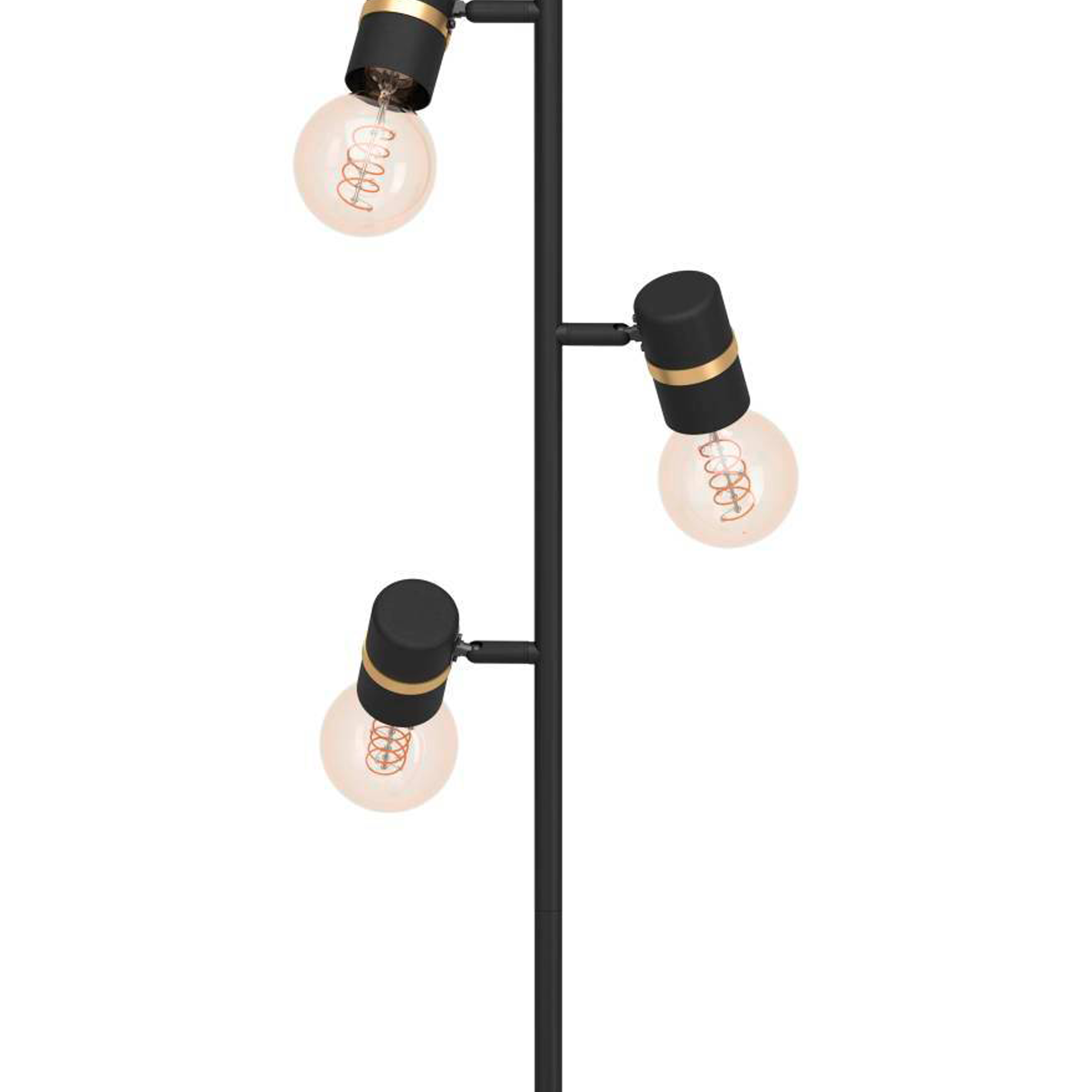 Eine schwarze Stehlampe mit drei Glühbirnen. Jede Glühbirne hat eine schwarze und goldene Kappe. Der Hintergrund ist weiß.