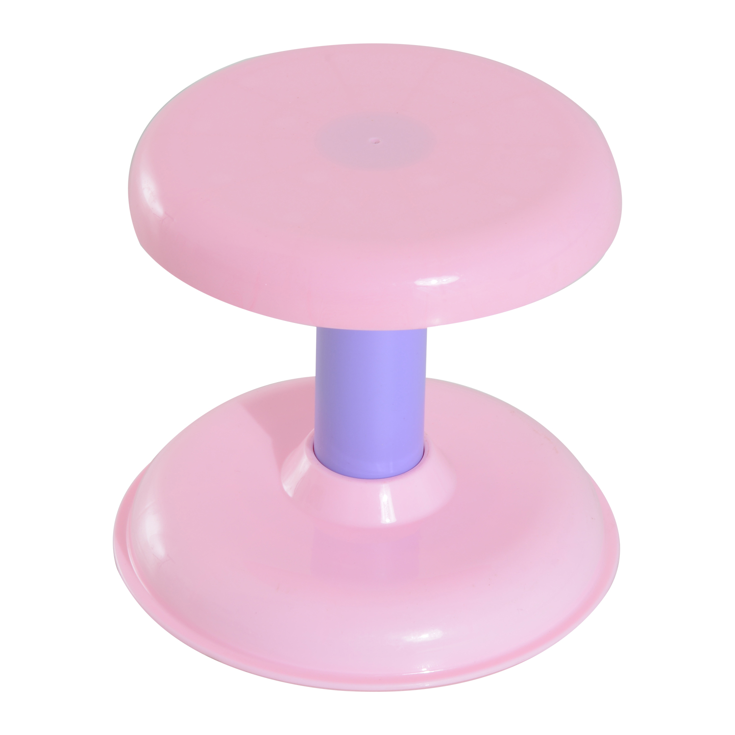 Un taburete de plástico rosa y morado con asiento redondo, poste central morado y base redondeada más ancha, todo sobre fondo blanco.