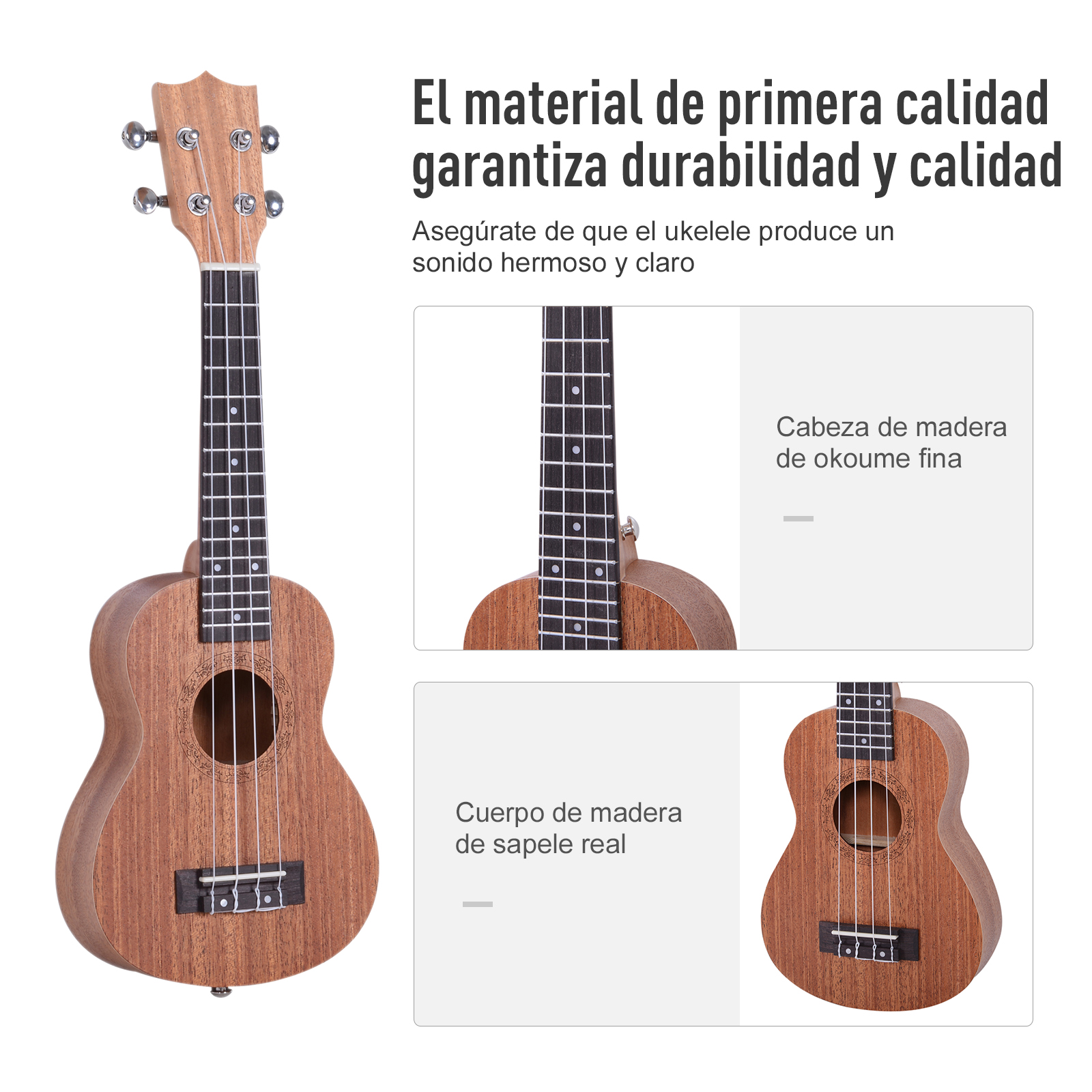 Se muestra un ukelele marrón con texto en español, resaltando su calidad. Se muestran imágenes de partes.
