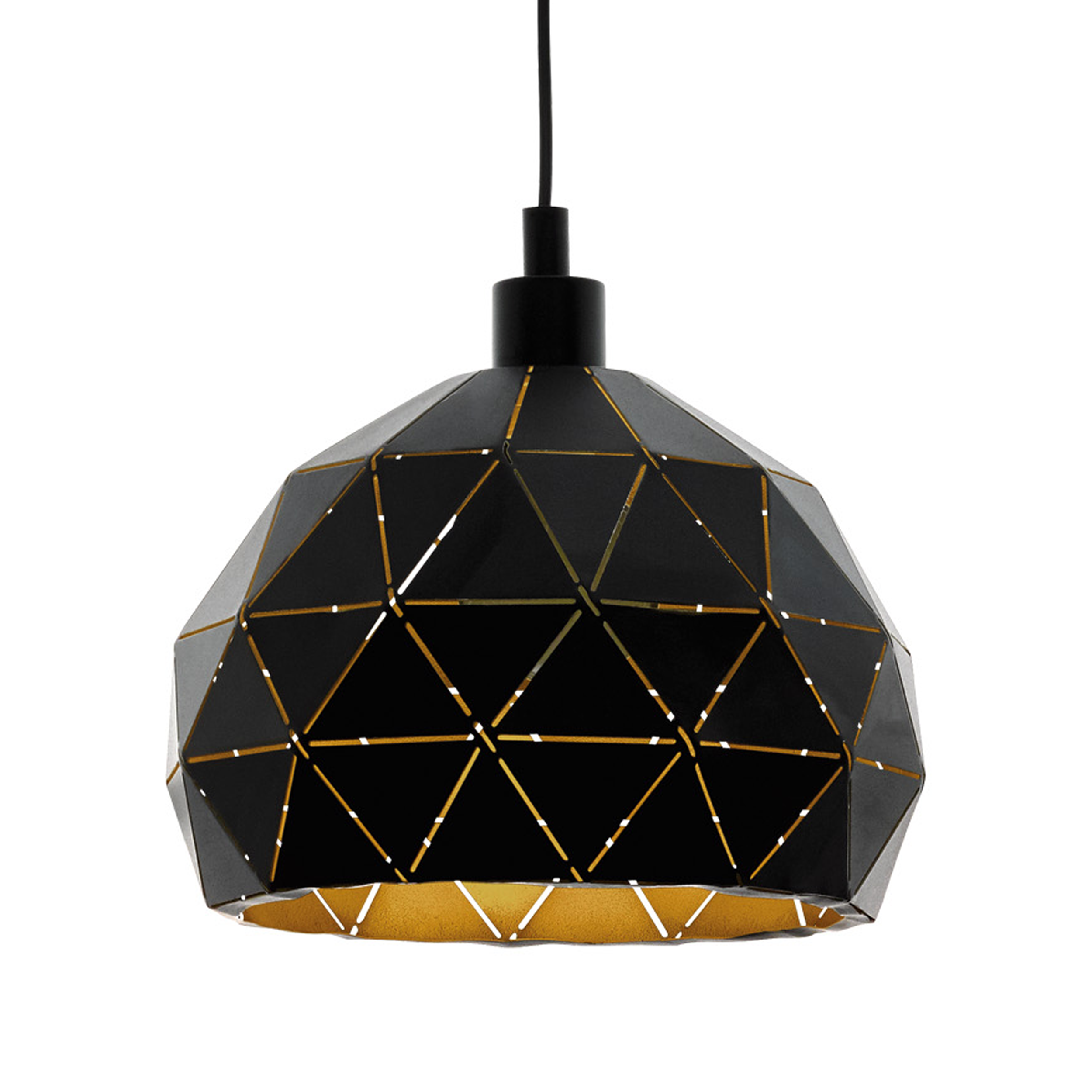 Eine schwarze geometrische Pendelleuchte hängt an einem schwarzen Kabel. Die Lampe hat dreieckige Aussparungen mit goldenen Akzenten.