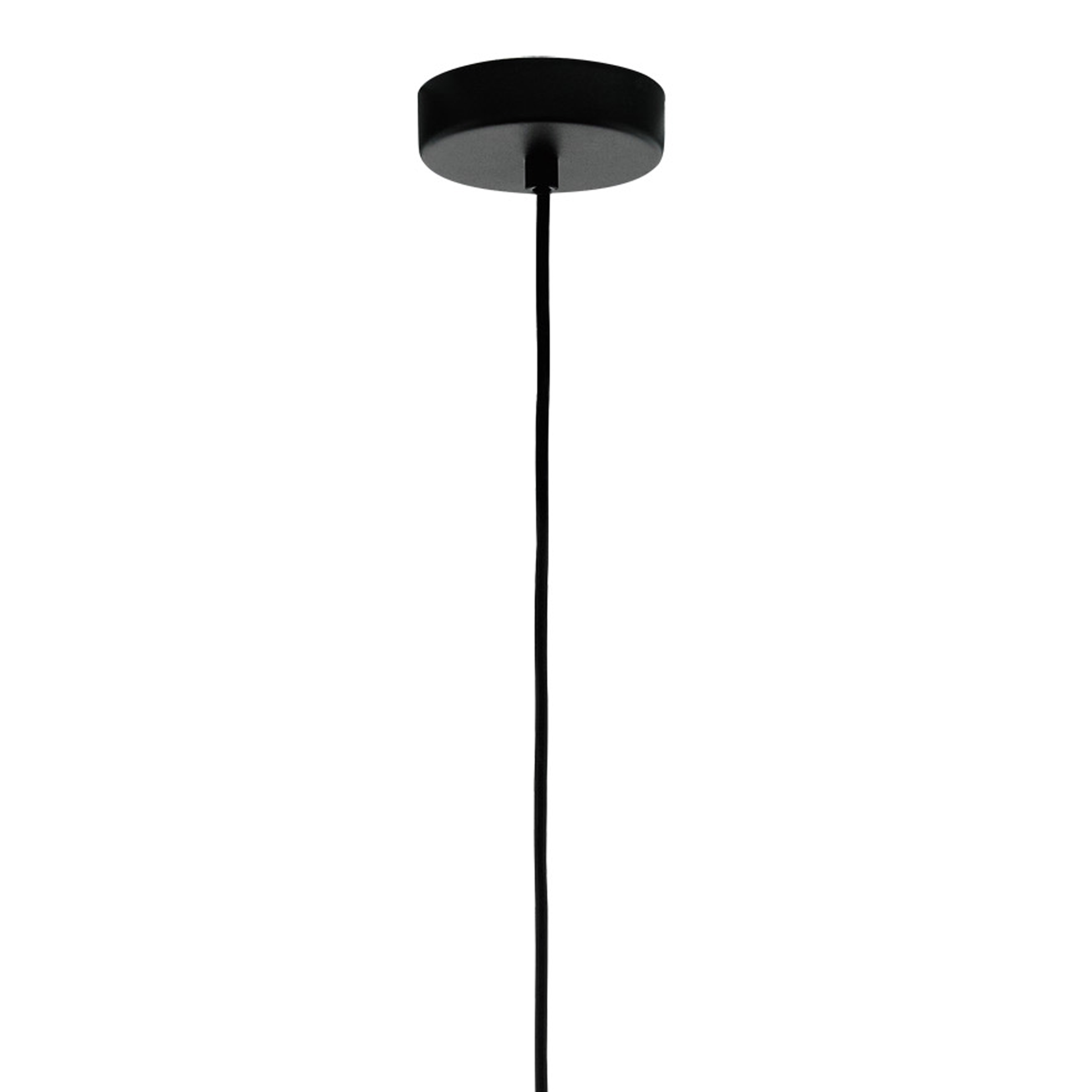 Schwarze Deckenleuchte mit kreisförmiger Basis und schwarzem Kabel.