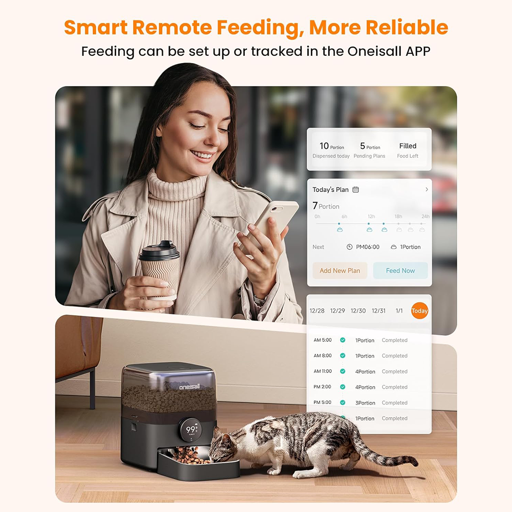 Kobieta używa telefonu, automatyczny karmnik wydaje jedzenie kotu. Ekran pokazuje harmonogram. Tekst: Smart Remote Feeding.