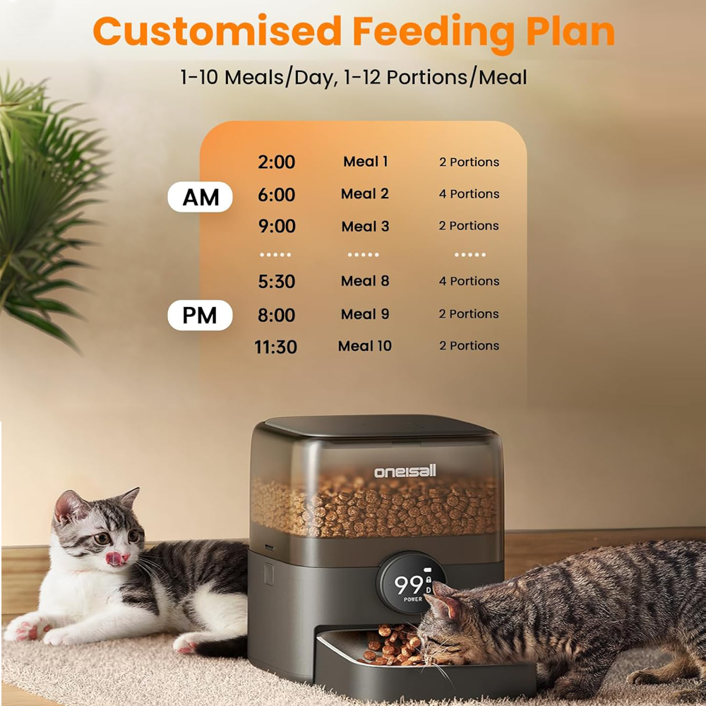 Automatyczny dozownik karmy dla kotów z dwoma kotami. Dozownik ma cyfrowy wyświetlacz. Na górze znajduje się plan karmienia.