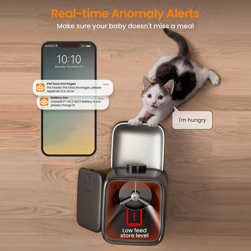 Kocię obok karmnika dla zwierząt. Telefon pokazuje powiadomienia o braku jedzenia i baterii.