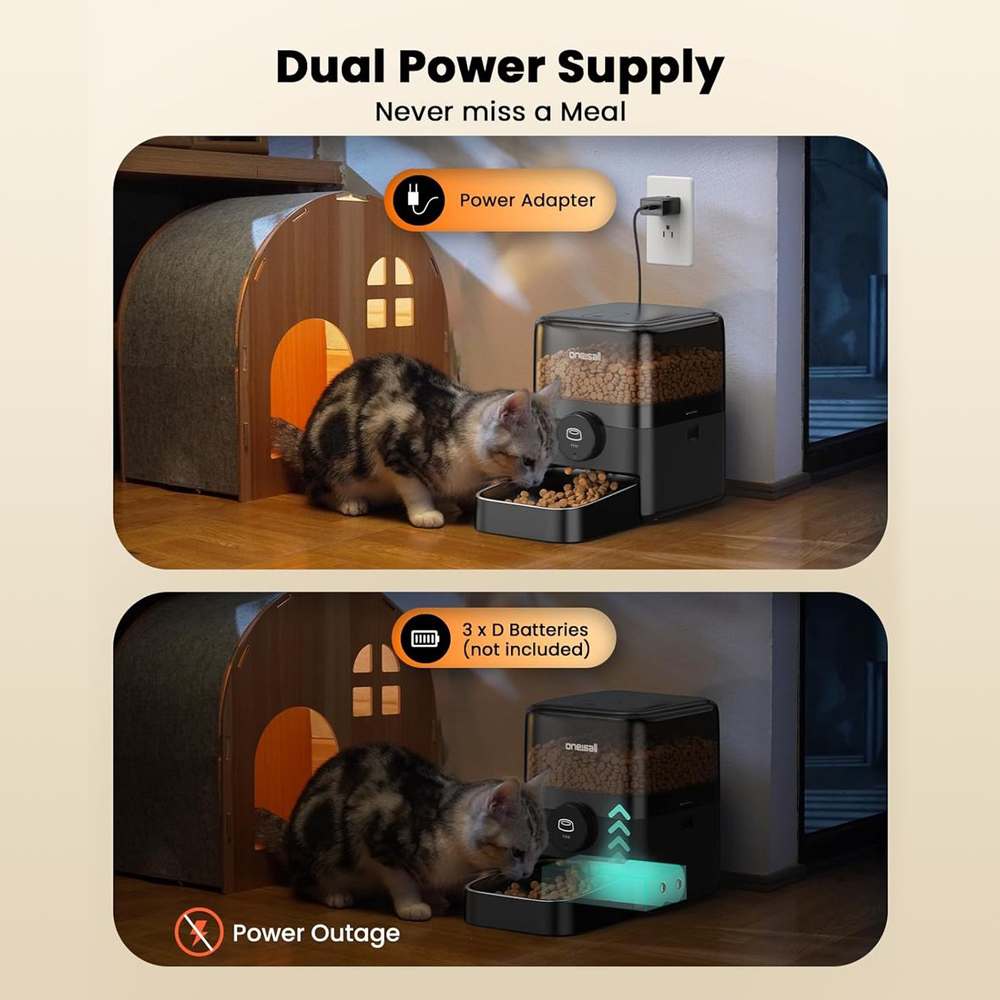 Kot je z dozownika karmy. Posiada podwójne zasilanie: adapter lub baterie. Tekst głosi "Nigdy nie przegap posiłku".