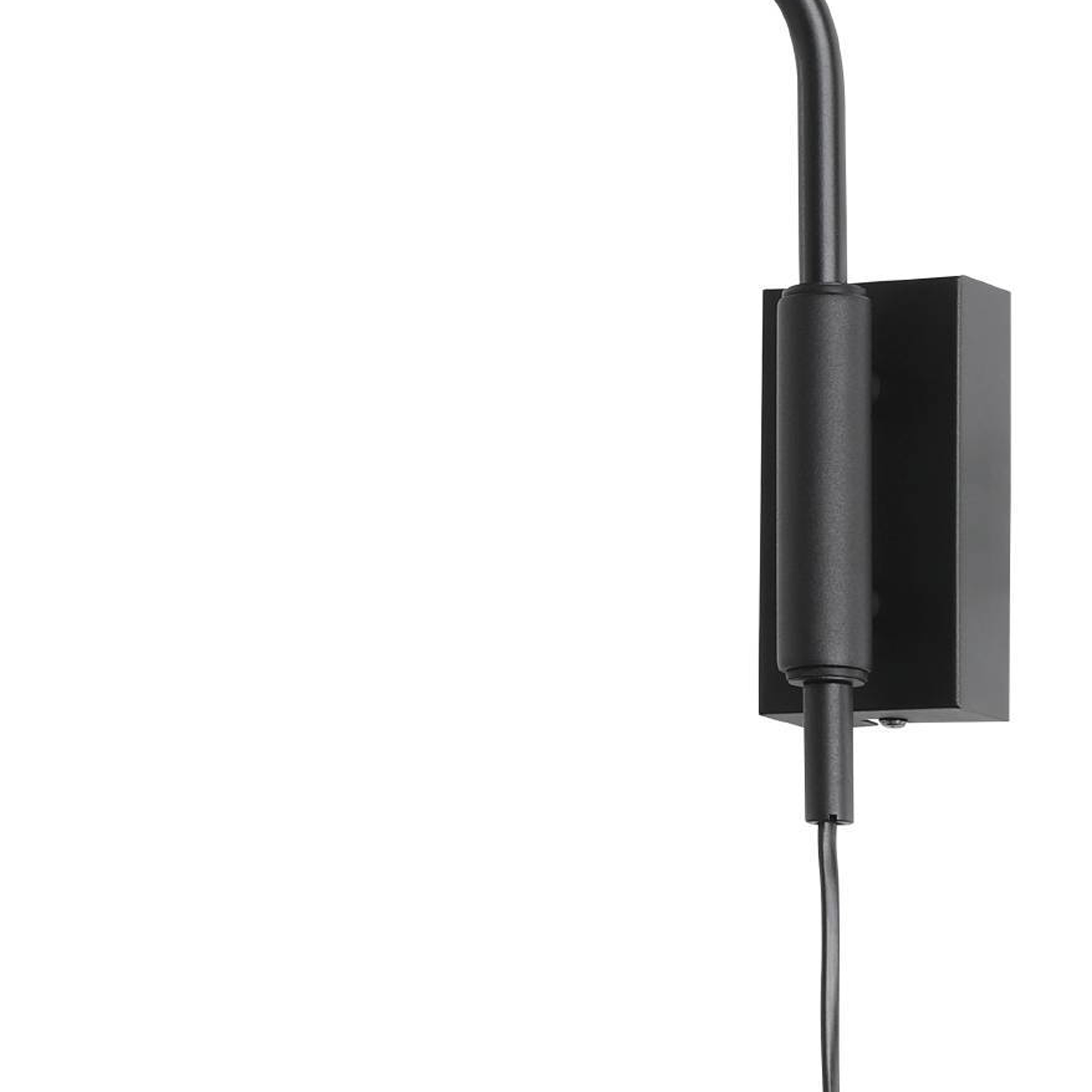 Eine schwarze Wandleuchte mit zylindrischem Körper und Kabel vor weißem Hintergrund.