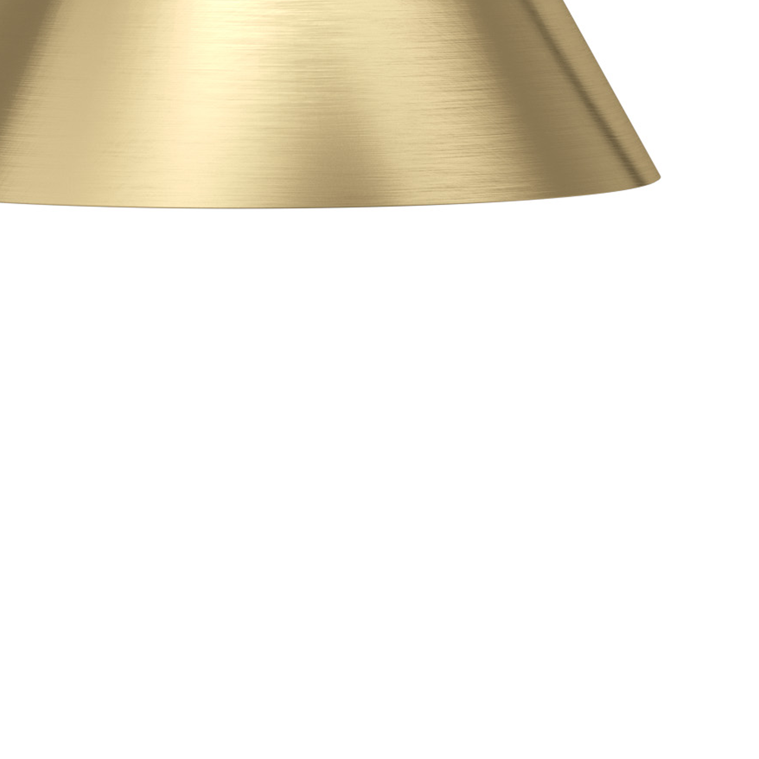 Nahaufnahme eines goldenen, gebürsteten Metalllampenschirms vor weißem Hintergrund.
